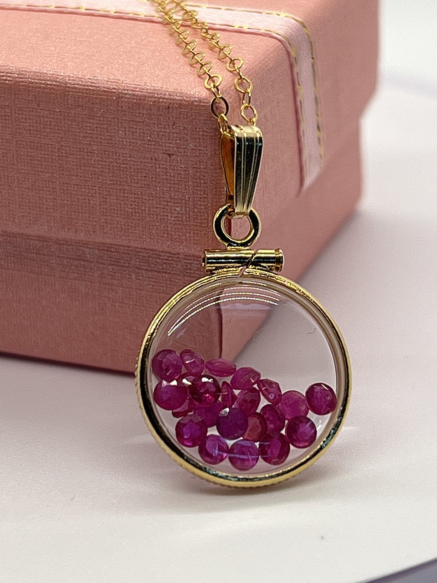 14k Solid Gold Handmade Dime Sized Ruby Shaker Locket with beautiful July Birthstone, 1.95 TCW
