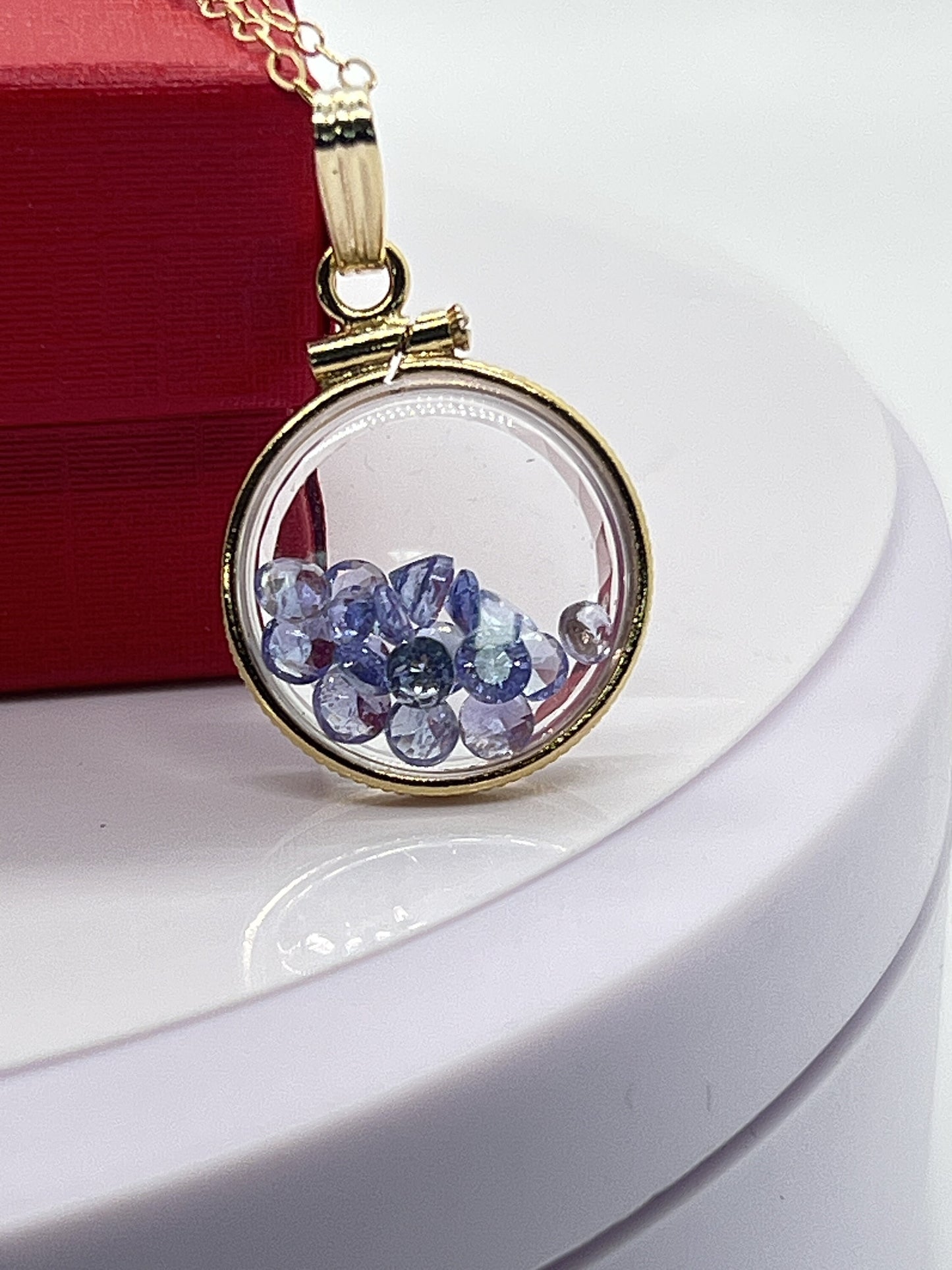14k solid gold Tanzanite Diamond edge 16.5mm Handmade shaker Locket Reversible 2 CTW