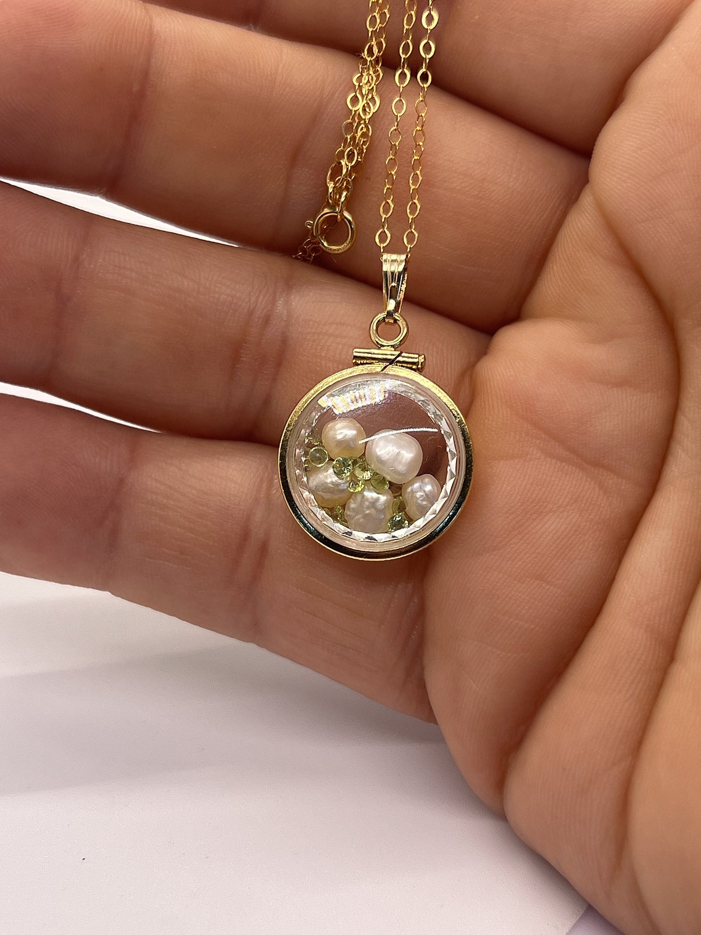 Reversible Lucite Diamond Edge Handmade 14k gold filled Pearl and Peridot Shaker Locket Nickel size. Audrey design.