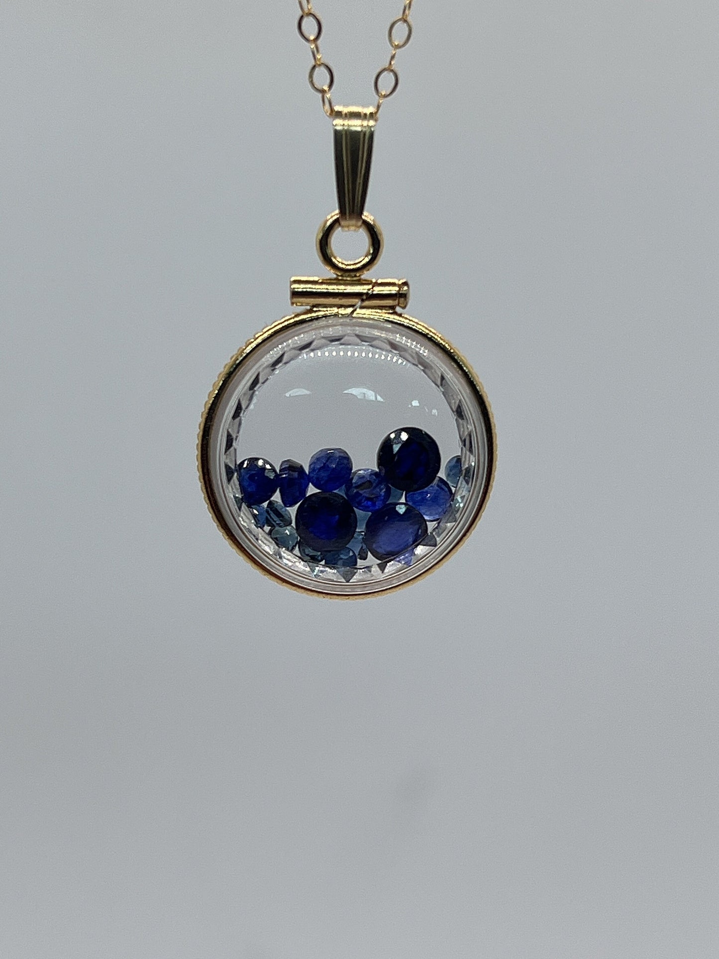 Hand Made Diamond edge dime Size 14k Gold Filled Lucite Shaker Locket with 2.75 tcw round cut genuine blue sapphires ,September Birthstone.