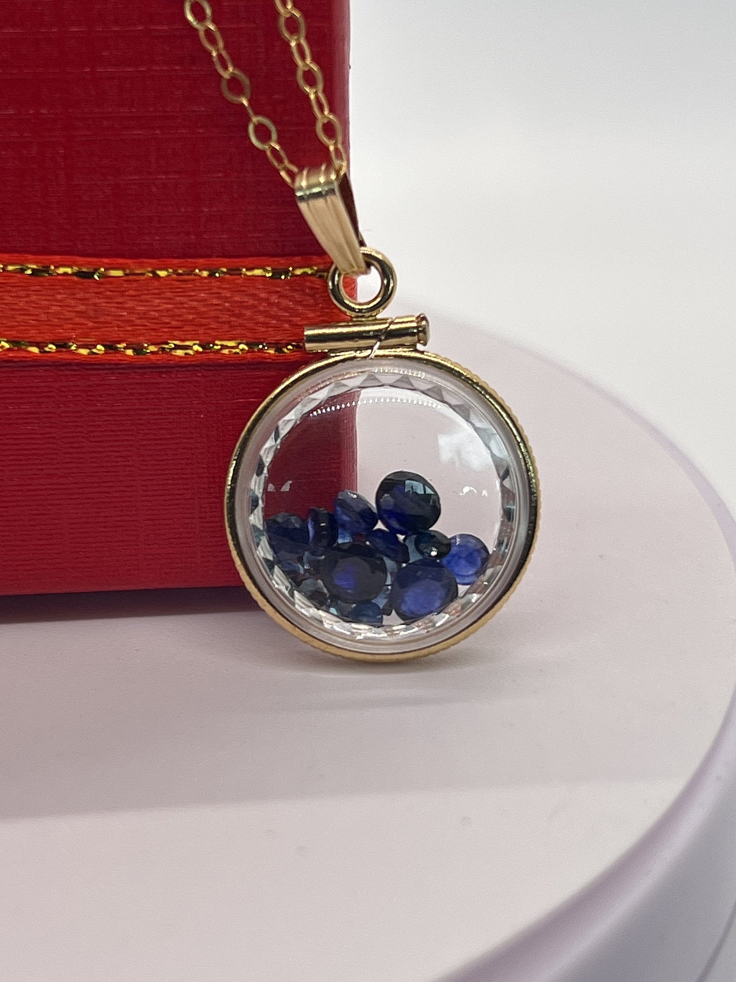 Hand Made Diamond edge dime Size 14k Gold Filled Lucite Shaker Locket with 2.75 tcw round cut genuine blue sapphires ,September Birthstone.