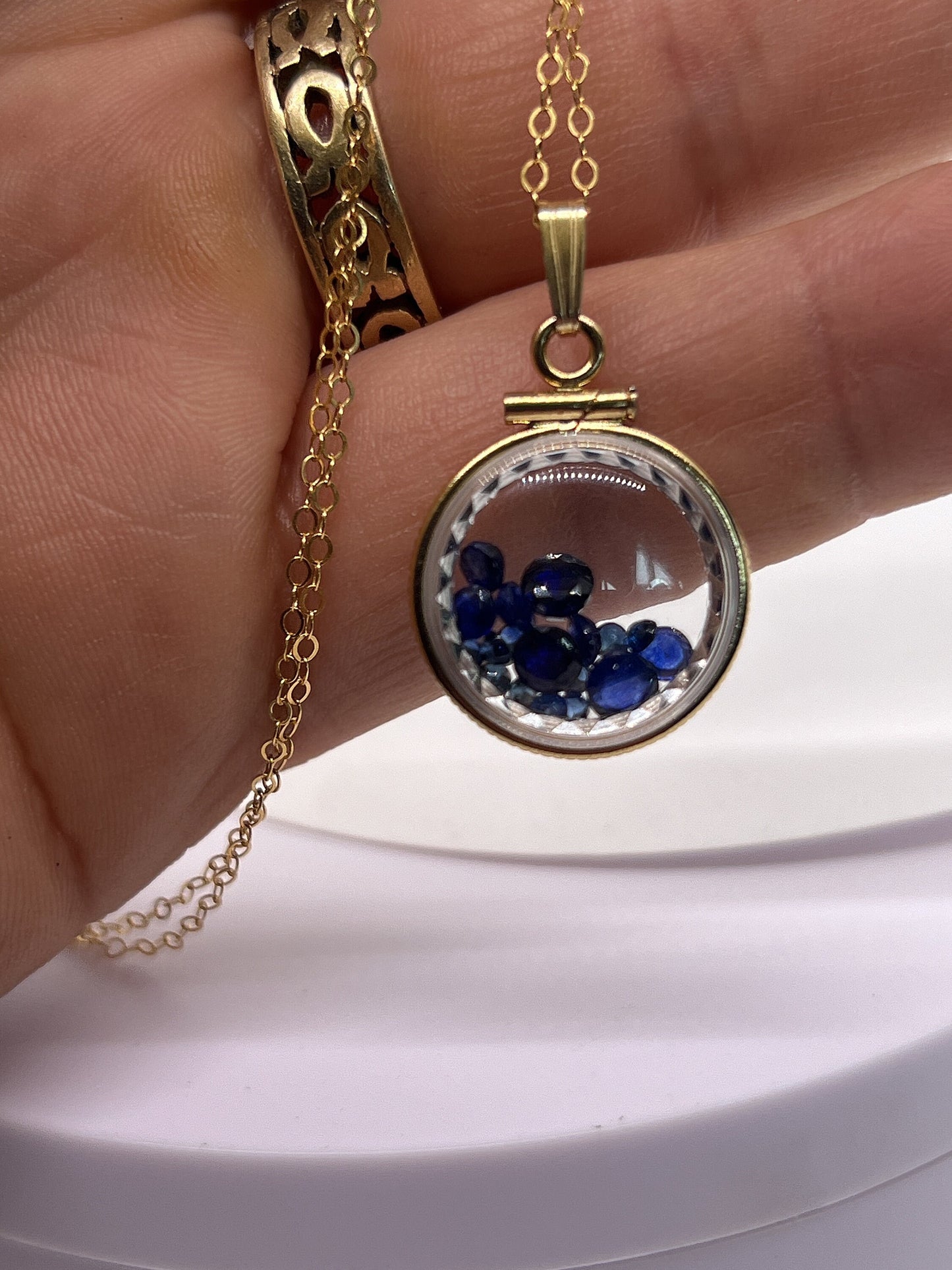 Hand Made Diamond edge dime Size 14k Gold Filled Lucite Shaker Locket with 2.75 tcw round cut genuine blue sapphires ,September Birthstone.