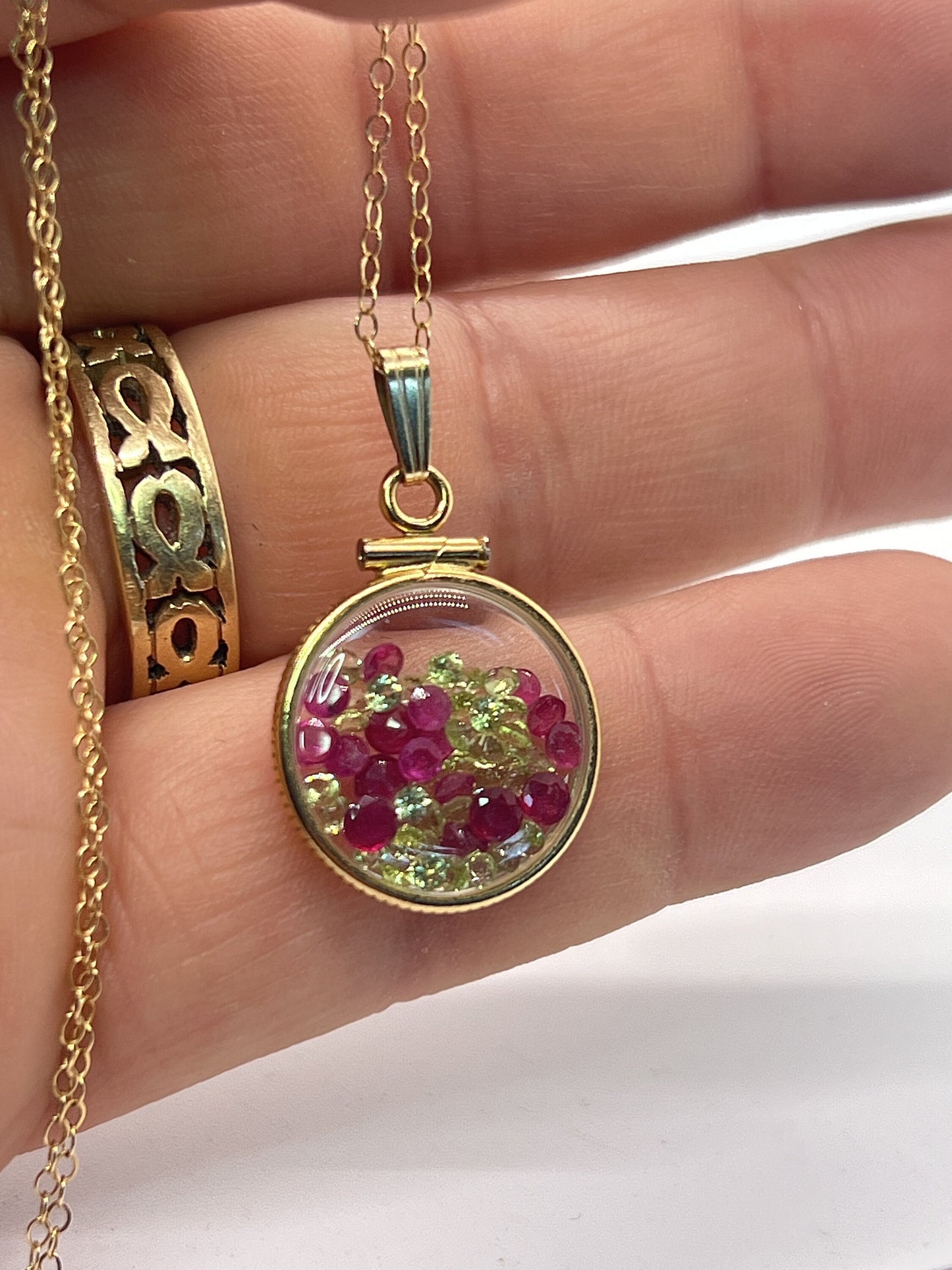 Handmade Dime Sized Ruby and Peridot Artistic Series Shaker Locket 14k gold filled with beautiful July and August Birthston, 3.25 TCW