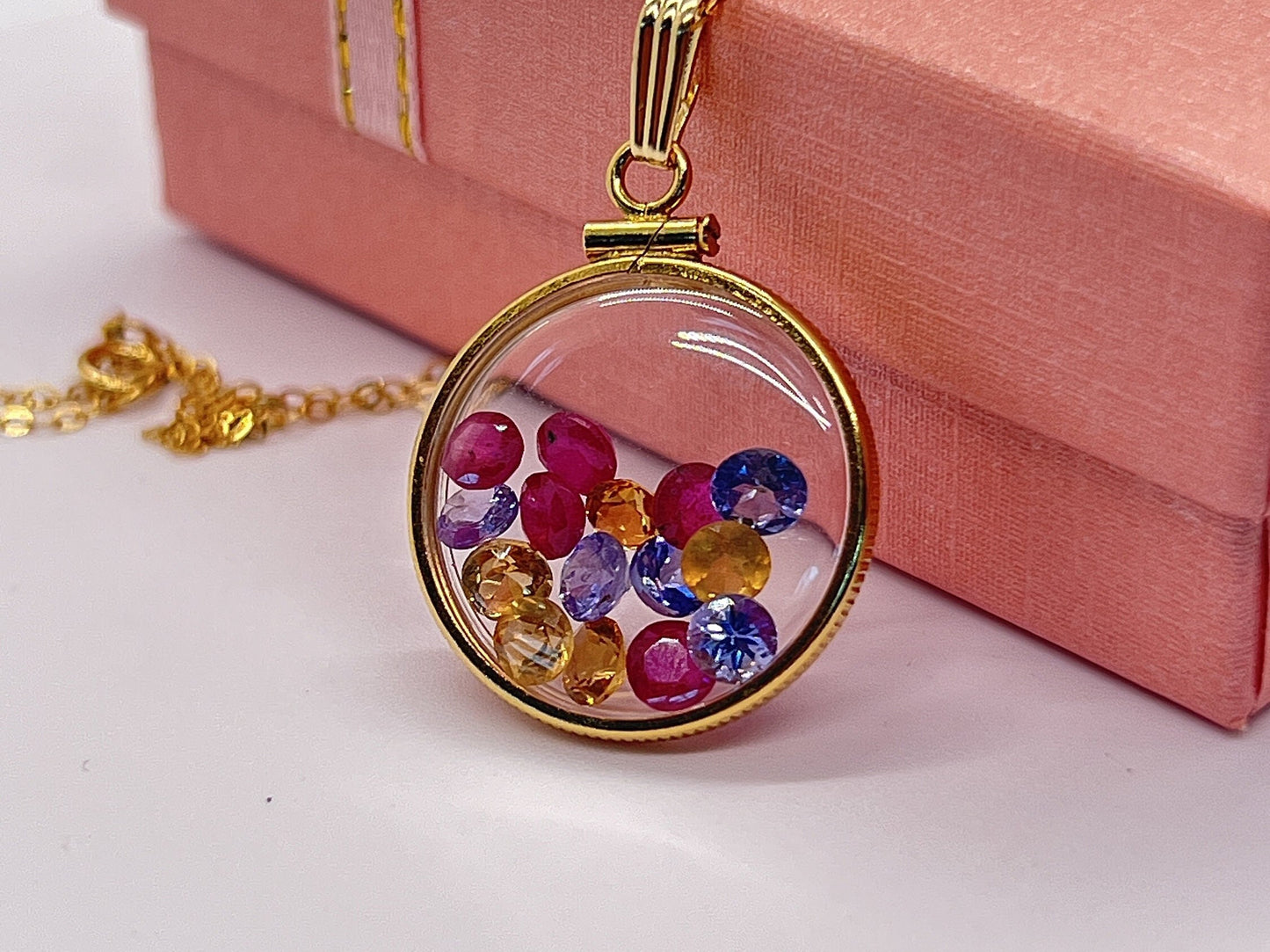 Solid 14k Gold Lucite Handmade 4.4 TCW mix of Ruby, Tanzanite, Citrine Shaker Locket. Round cut Colorful gems. Artistic Series- beautiful