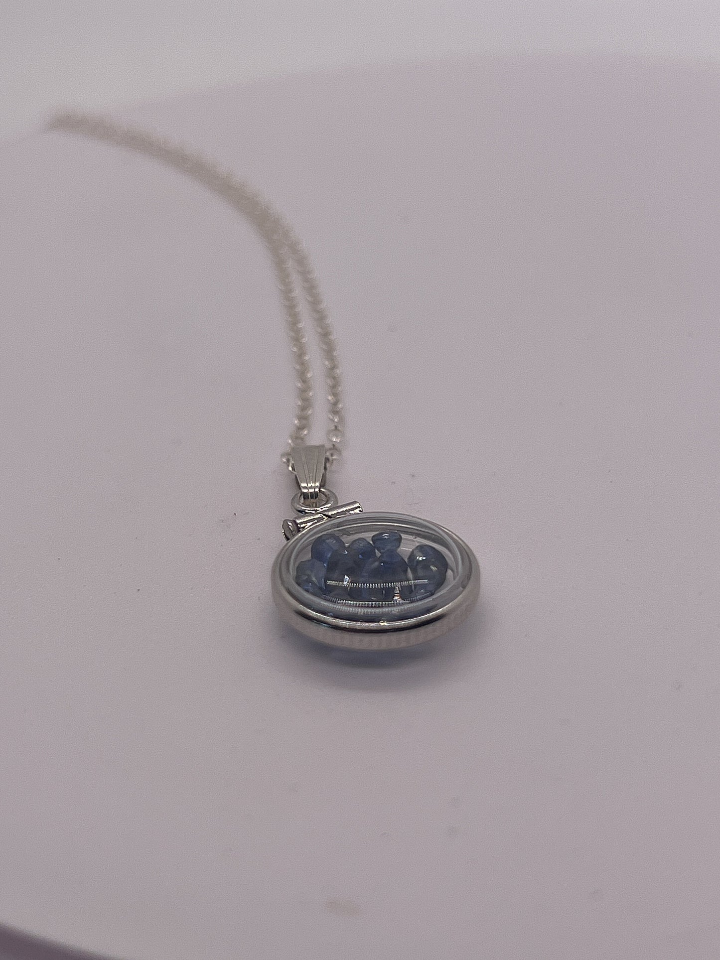 Handmade Diminutive Sterling Silver Sapphire Shaker Locket Lucite View Locket, Necklace, Beautiful September Birthstone. 1.4 TCW