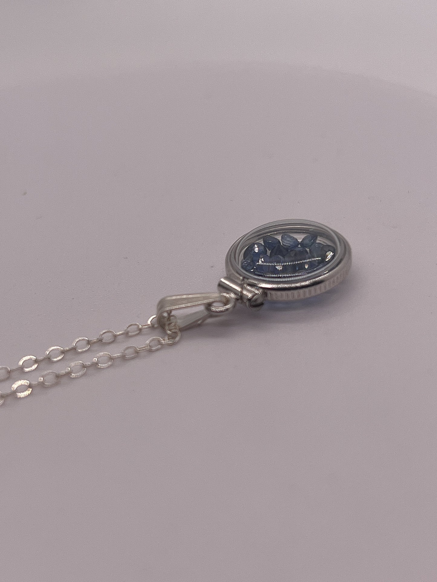 Handmade Diminutive Sterling Silver Sapphire Shaker Locket Lucite View Locket, Necklace, Beautiful September Birthstone. 1.4 TCW