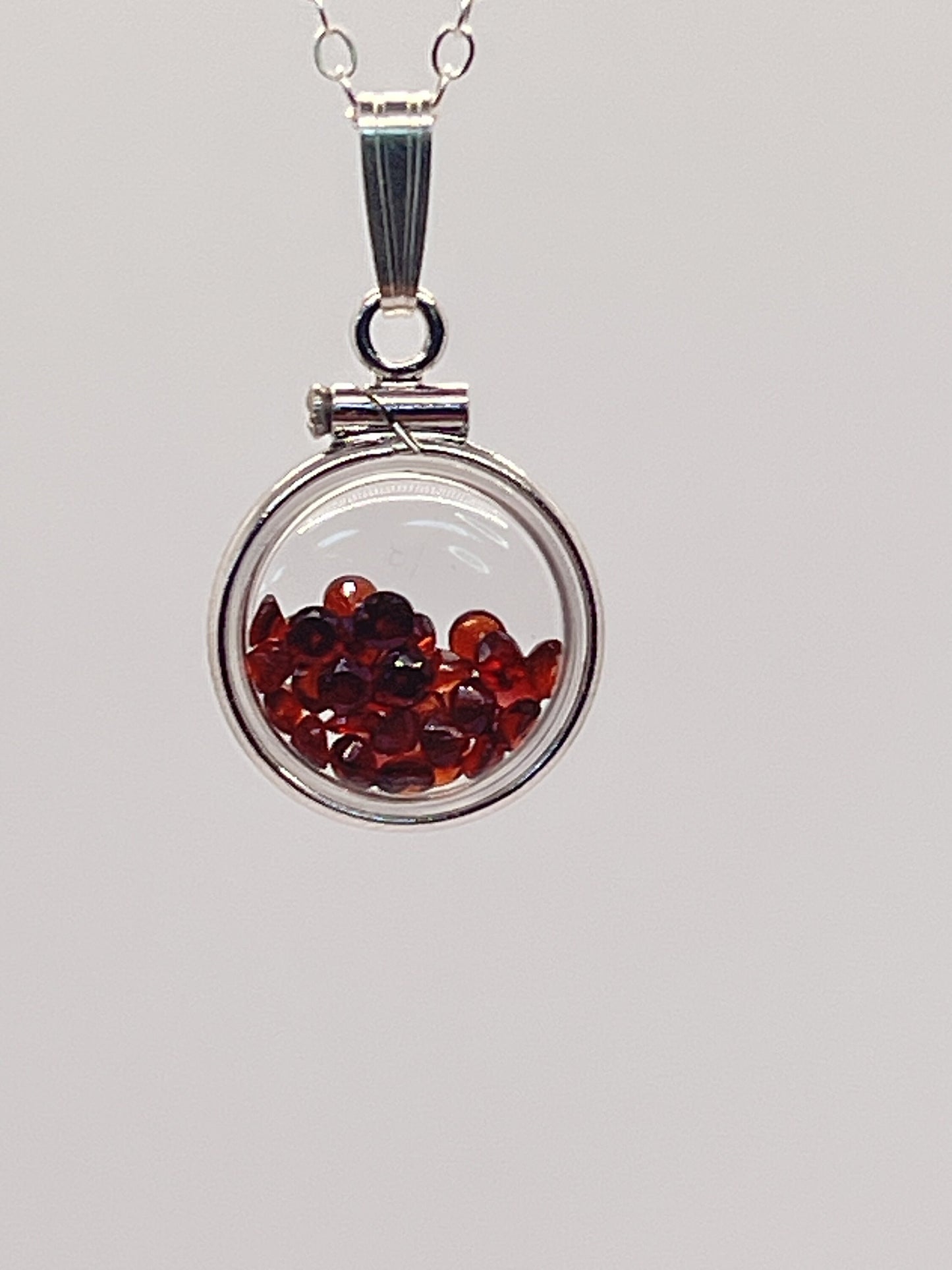 Handmade Diminutive Sterling Silver Garnet Shaker Locket Lucite View Locket, Necklace, Beautiful January Birthstone. 1.65 TCW, red round cut