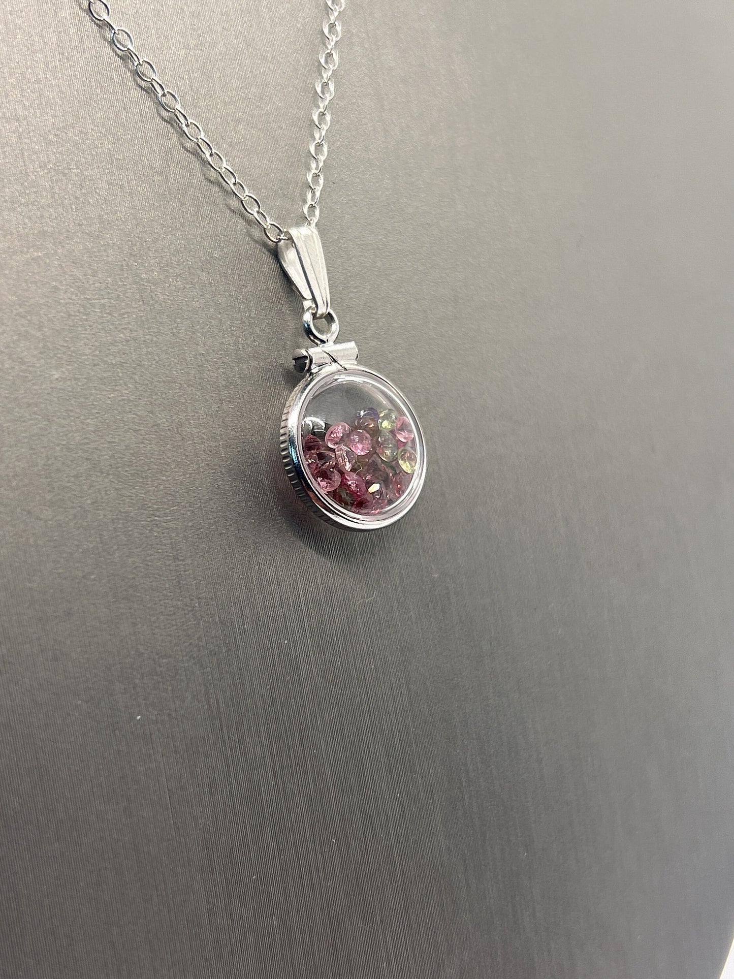 Handmade Diminutive Sterling Silver Multicolor Tourmaline Shaker Locket Lucite View Locket, Necklace, Beautiful October Birthstone. 1.4 TCW