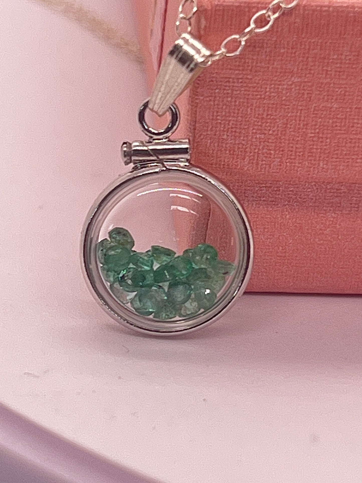 Handmade Diminutive Sterling Silver Emerald Shaker Locket Lucite View Locket, Necklace, Beautiful May Birthstone. 1.4 TCW