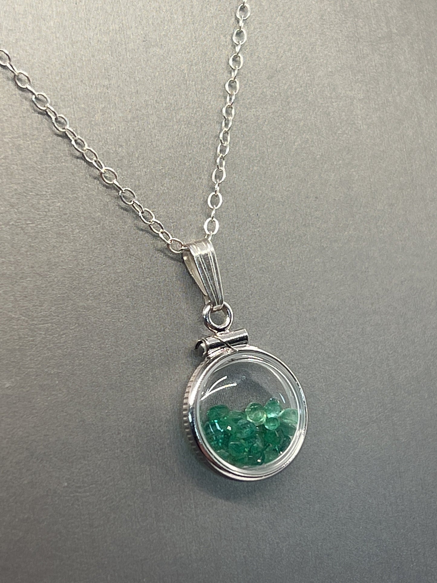Handmade Diminutive Sterling Silver Emerald Shaker Locket Lucite View Locket, Necklace, Beautiful May Birthstone. 1.4 TCW