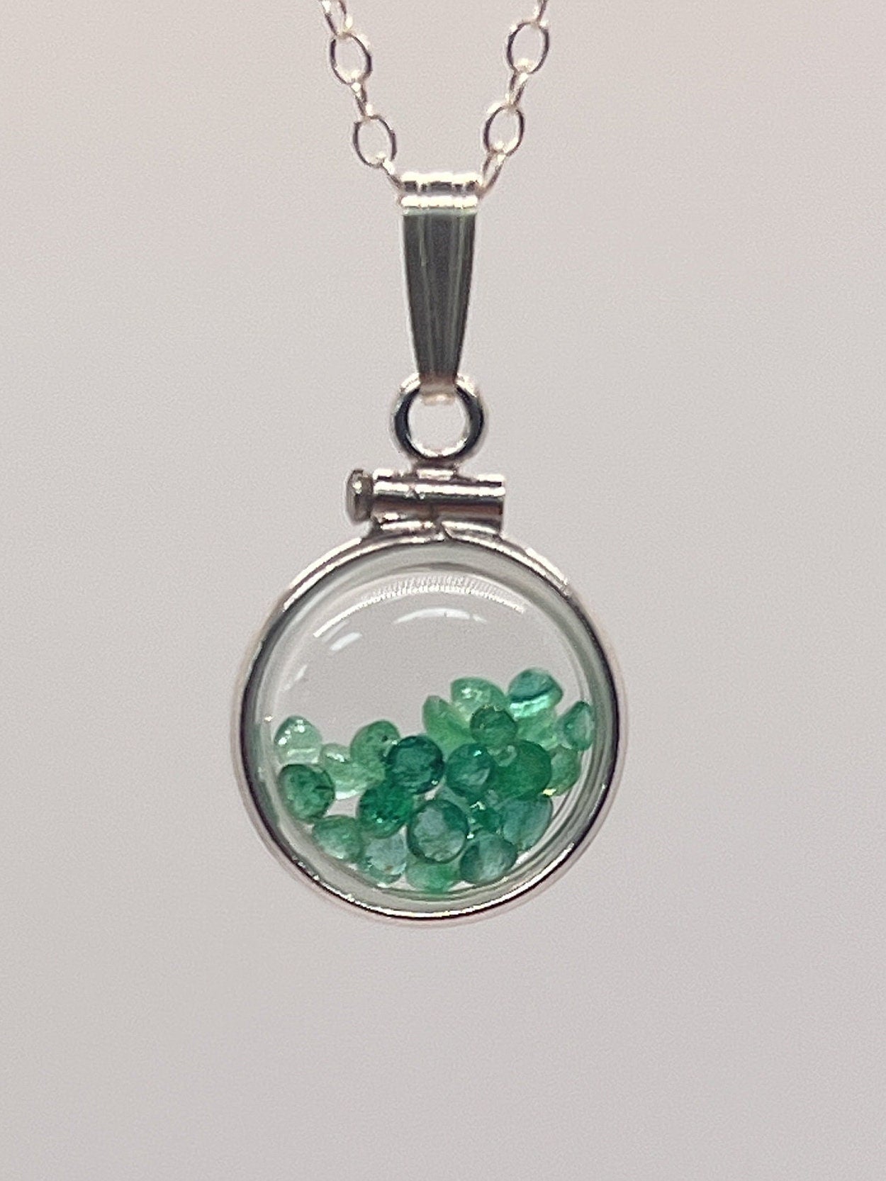 Handmade Diminutive Sterling Silver Emerald Shaker Locket Lucite View Locket, Necklace, Beautiful May Birthstone. 1.4 TCW
