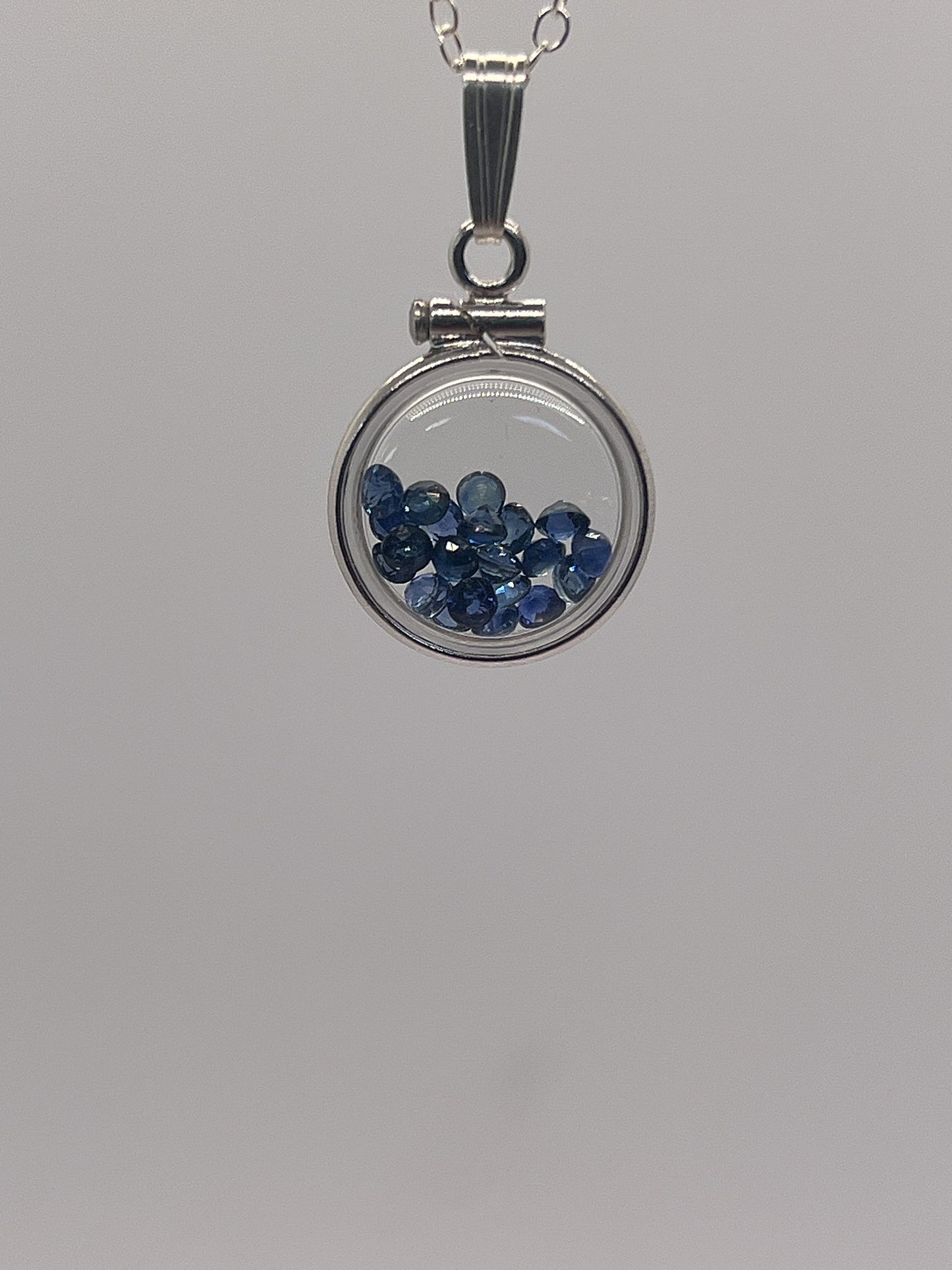Handmade Diminutive Sterling Silver Sapphire Shaker Locket Lucite View Locket, Necklace, Beautiful September Birthstone. 1.4 TCW