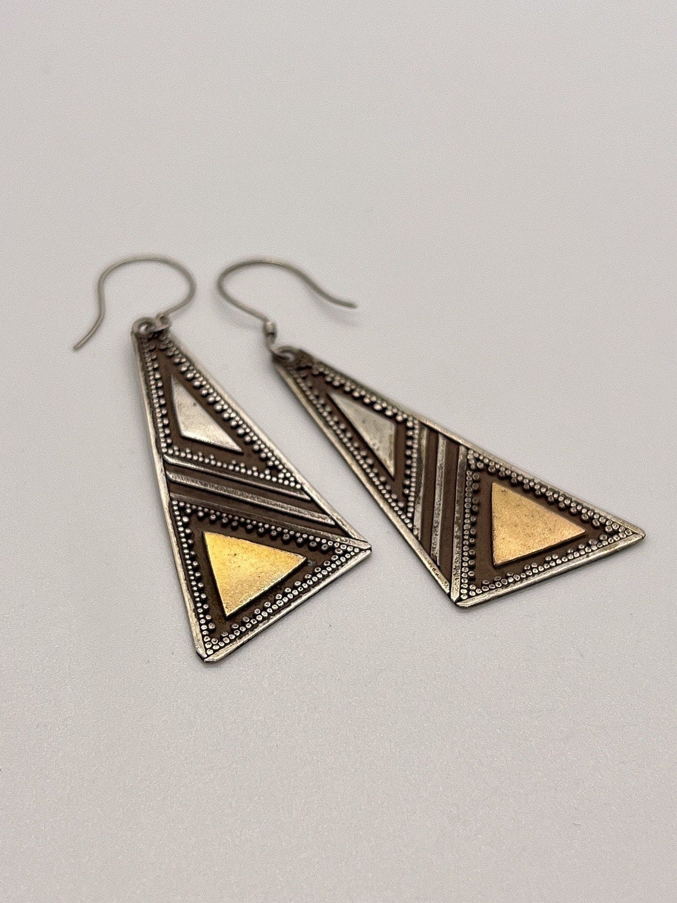 Vintage Hand made Indonesian Sterling Silver with Gold Wash Earrings, Large, new old stock, Ornate, French hook