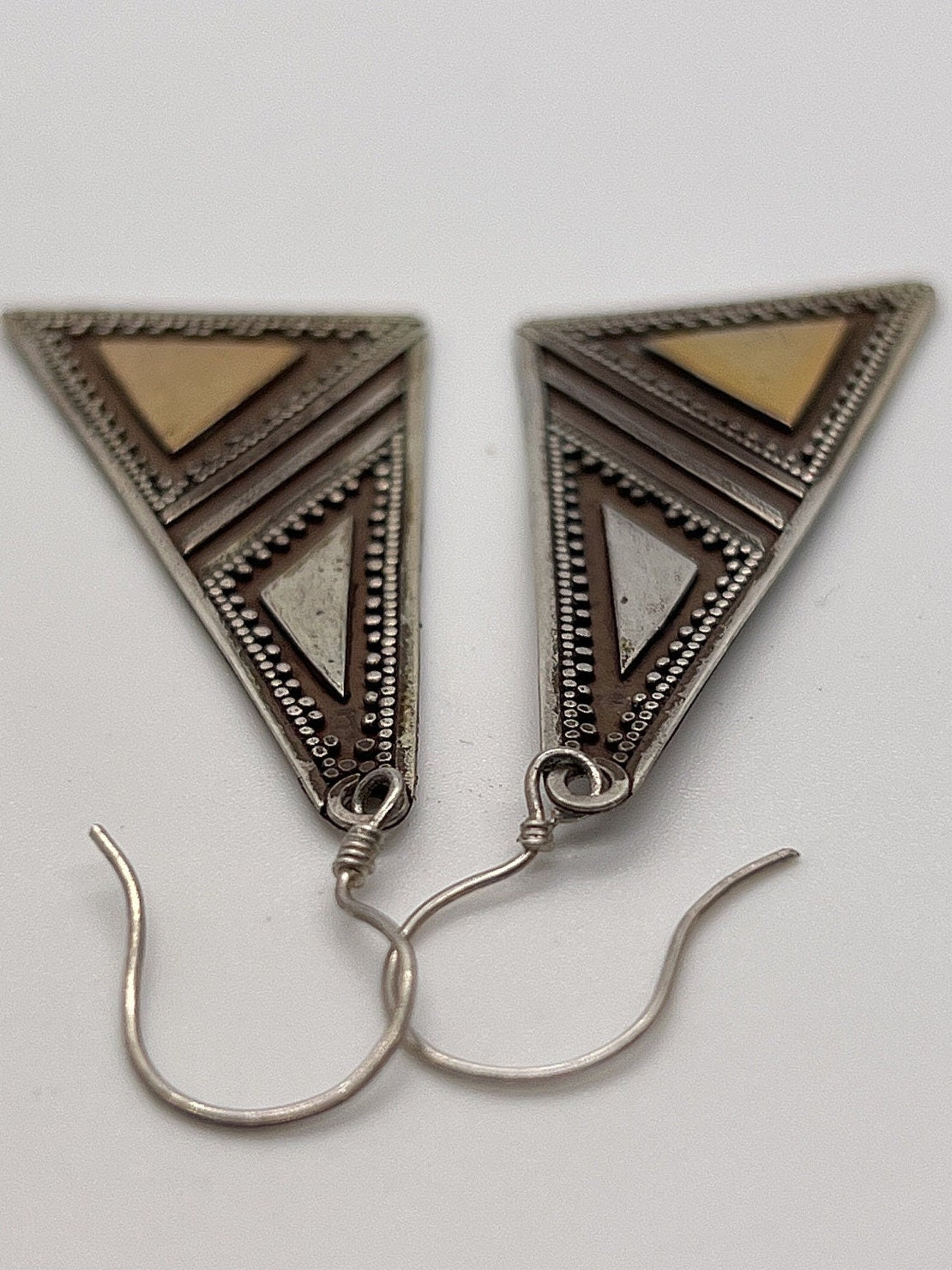 Vintage Hand made Indonesian Sterling Silver with Gold Wash Earrings, Large, new old stock, Ornate, French hook
