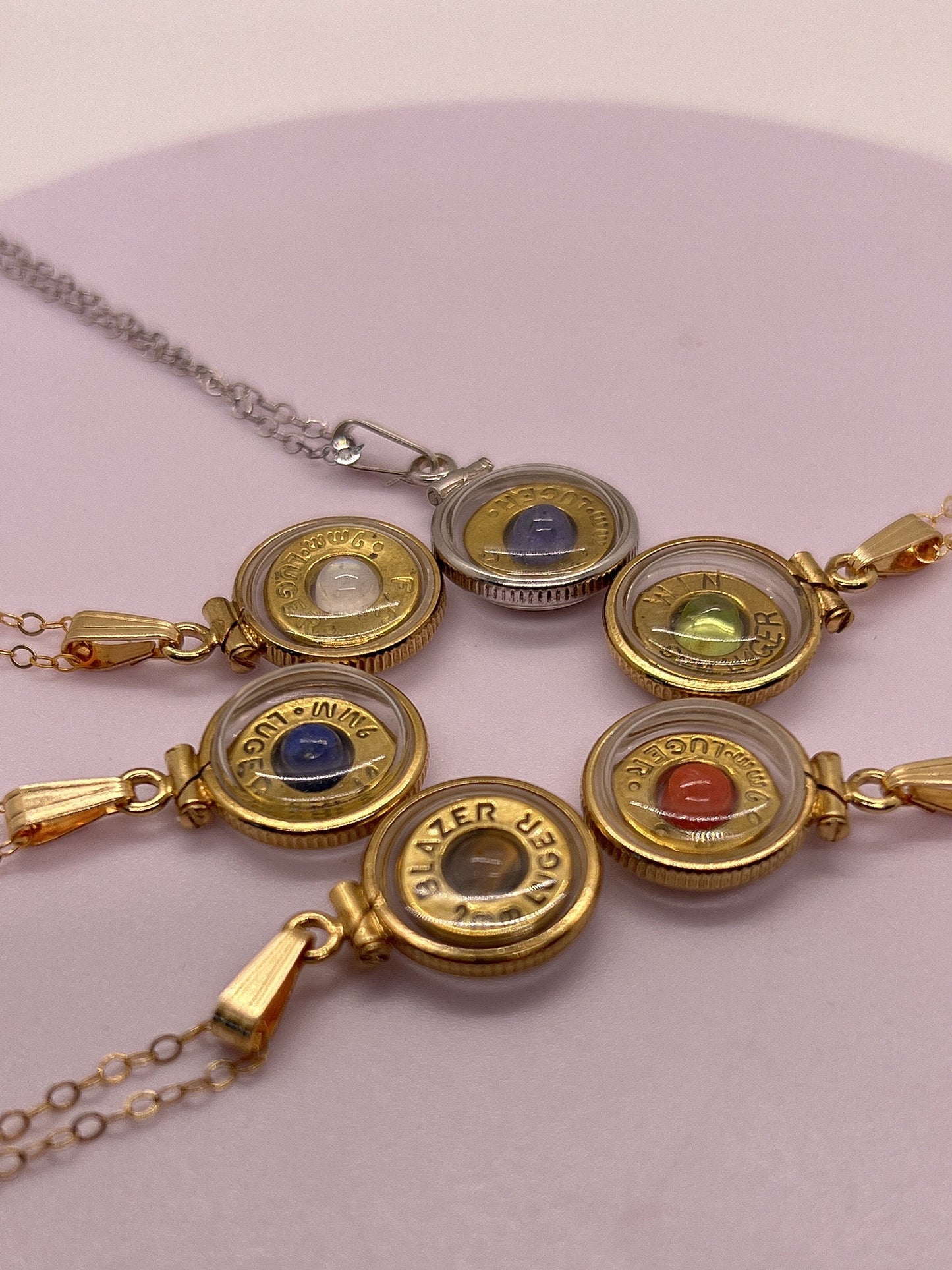 Handmade 14k gold filled 9mm bullet view locket, finished with a genuine gemstone, Ruby, sapphire,lapis, moonstone, peridot, tiger eye