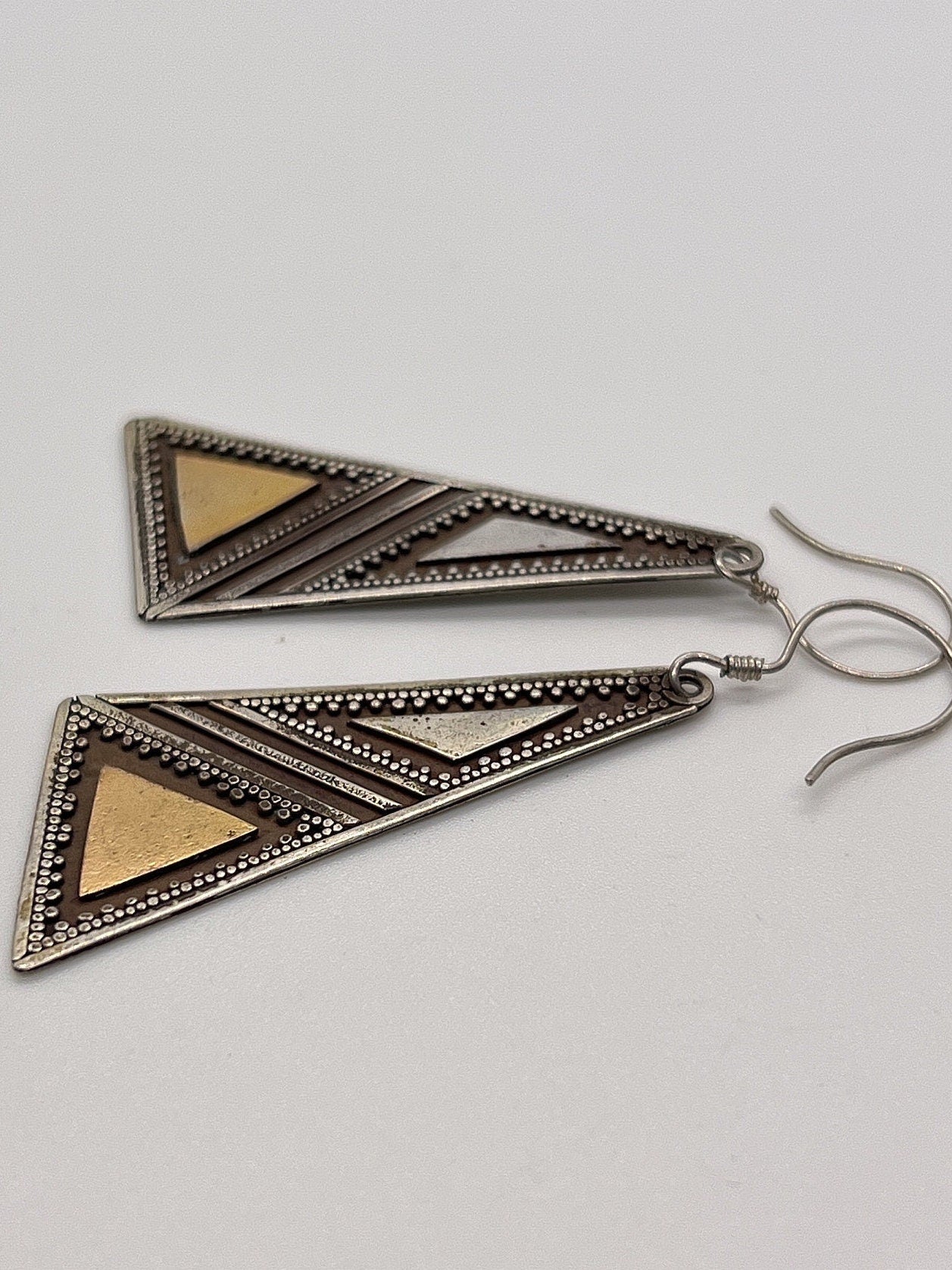 Vintage Hand made Indonesian Sterling Silver with Gold Wash Earrings, Large, new old stock, Ornate, French hook