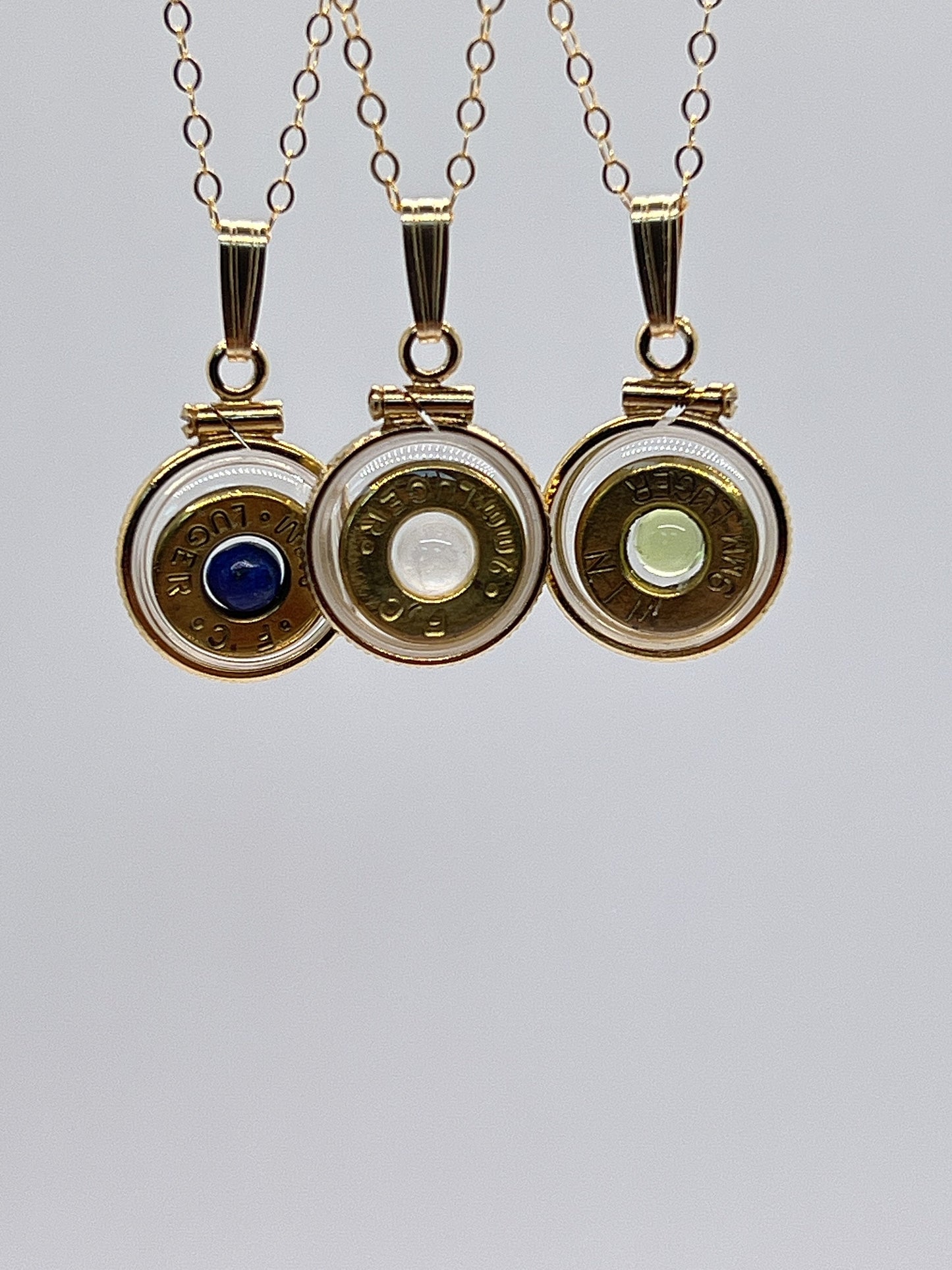 Handmade 14k gold filled 9mm bullet view locket, finished with a genuine gemstone, Ruby, sapphire,lapis, moonstone, peridot, tiger eye