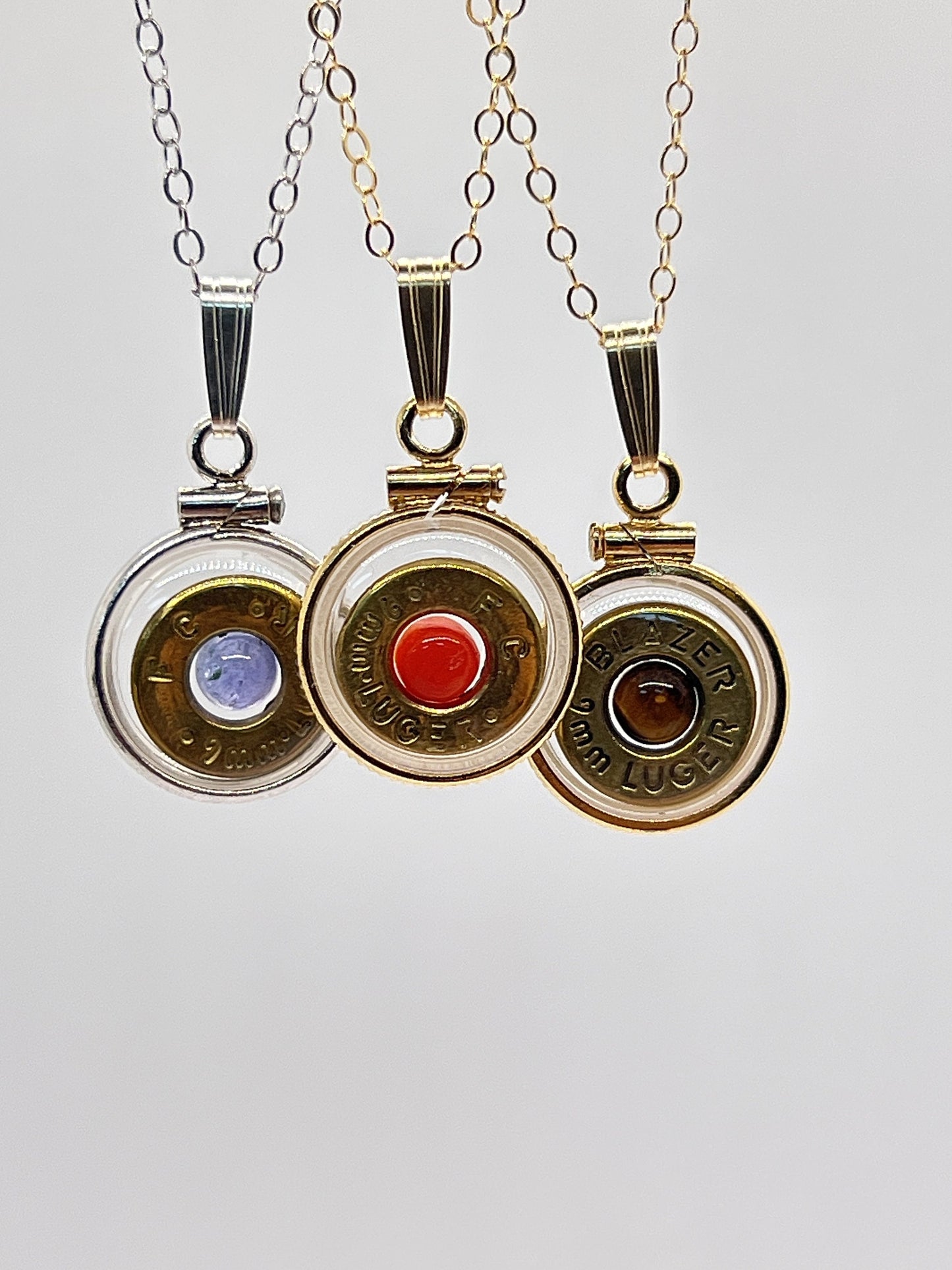 Handmade 14k gold filled 9mm bullet view locket, finished with a genuine gemstone, Ruby, sapphire,lapis, moonstone, peridot, tiger eye