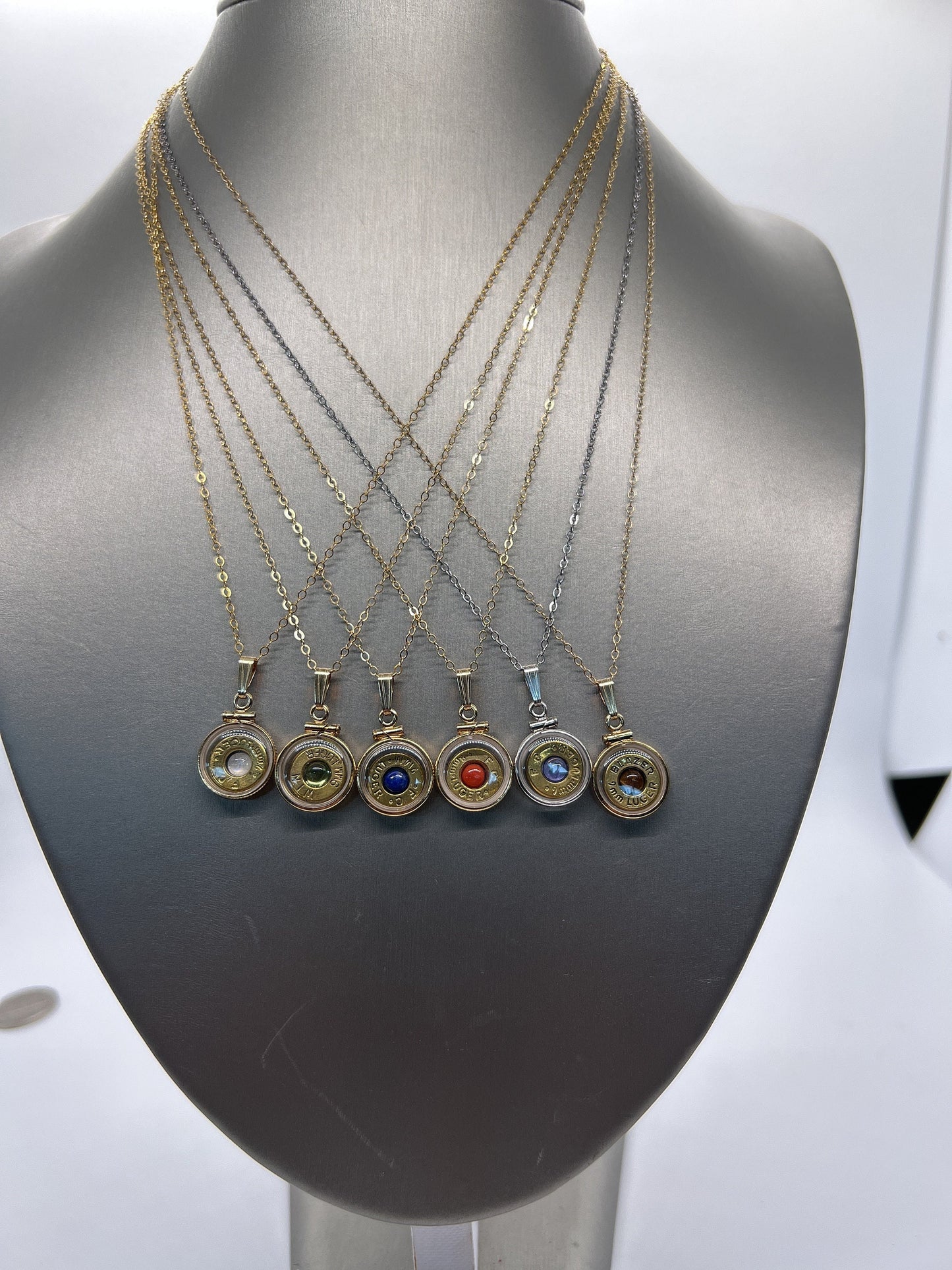 Handmade 14k gold filled 9mm bullet view locket, finished with a genuine gemstone, Ruby, sapphire,lapis, moonstone, peridot, tiger eye