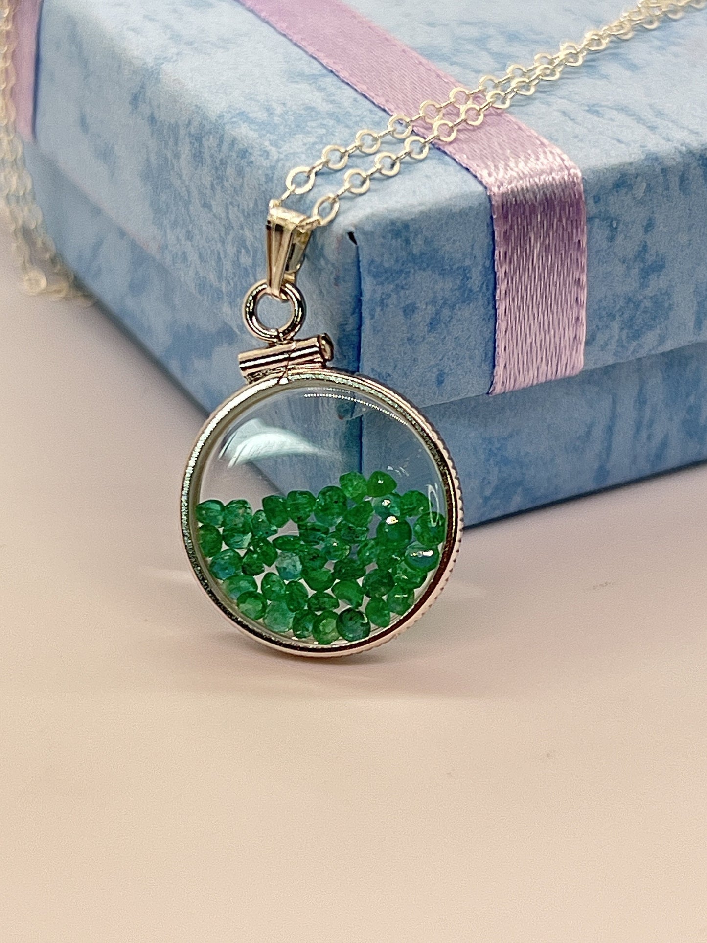 Handmade Dime Size Sterling Silver Emerald Shaker Locket Lucite View Locket, Necklace, Beautiful May Birthstone. 2.0 TCW