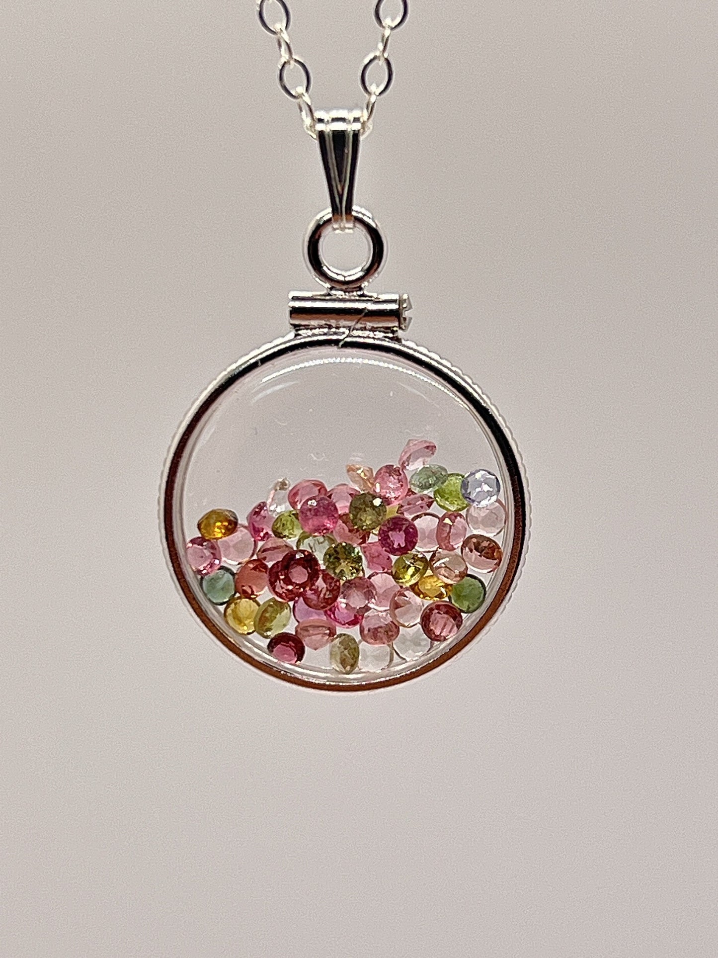 Handmade Dimesize Sterling Silver Multicolor Tourmaline Shaker Locket Lucite View Locket, Necklace, Beautiful October Birthstone. 2.0 TCW