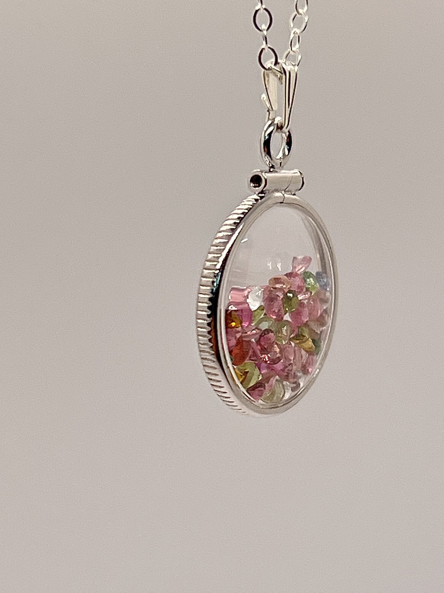 Handmade Dimesize Sterling Silver Multicolor Tourmaline Shaker Locket Lucite View Locket, Necklace, Beautiful October Birthstone. 2.0 TCW