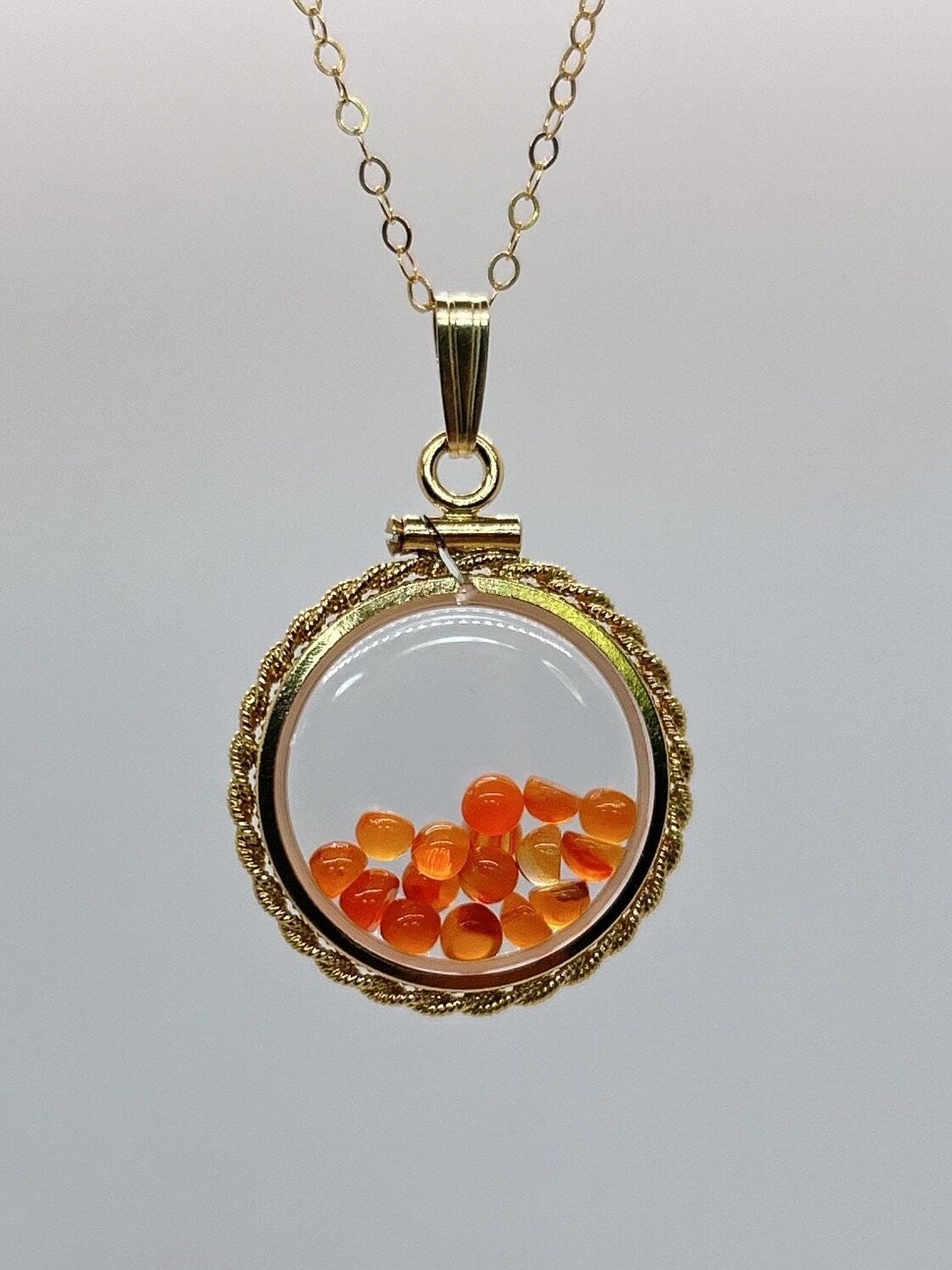 Handmade Nickle sized Carnelian Rope edge gold filled shaker locket, 2.070 CTW round Carnelian cabochons.