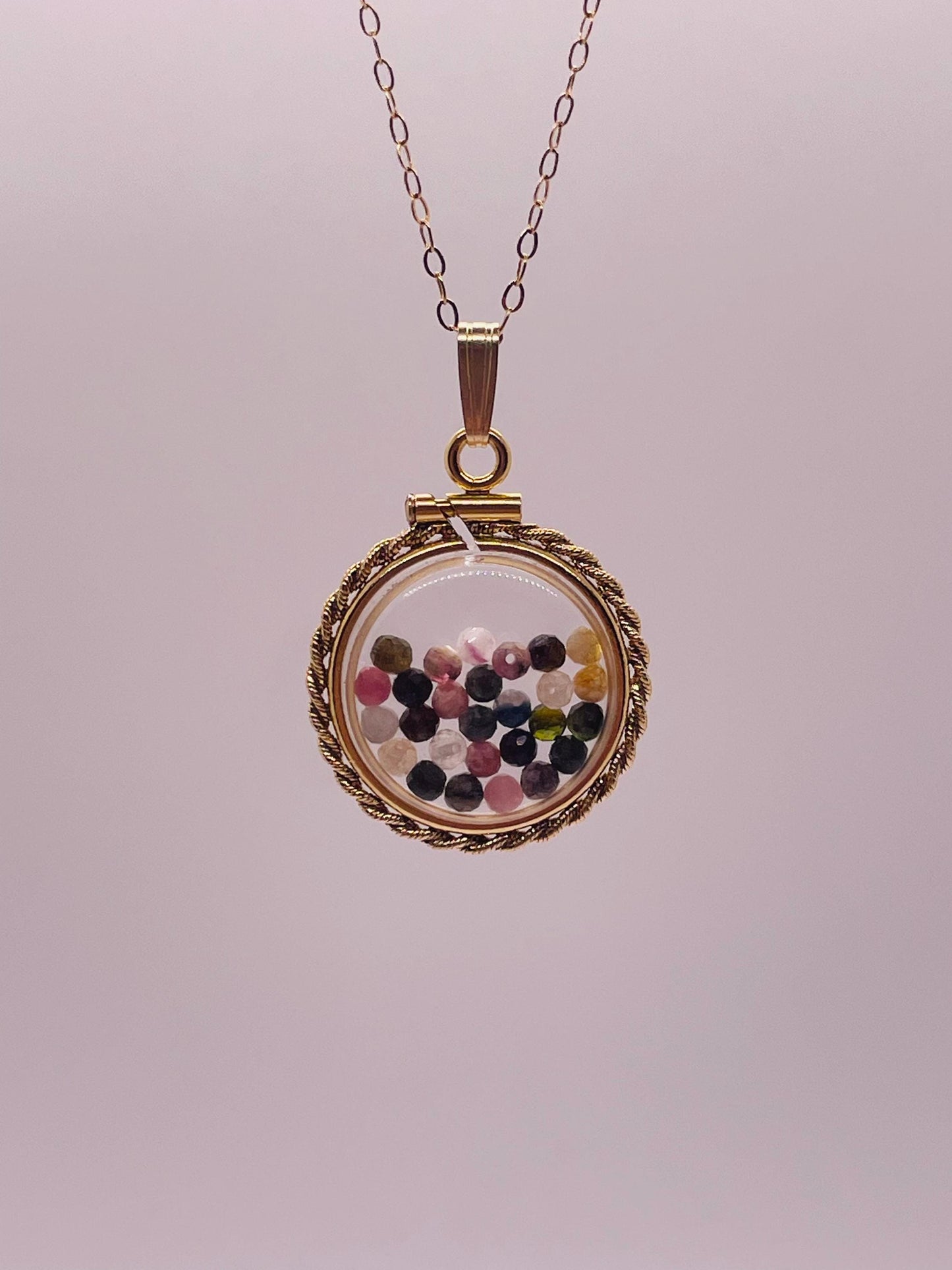 Hand Made 21 mm Nickel Size 14k Gold Filled Lucite Genuine Multi Tourmaline Shaker Locket with ROPE EDGE and Beautiful Bead Crystals.