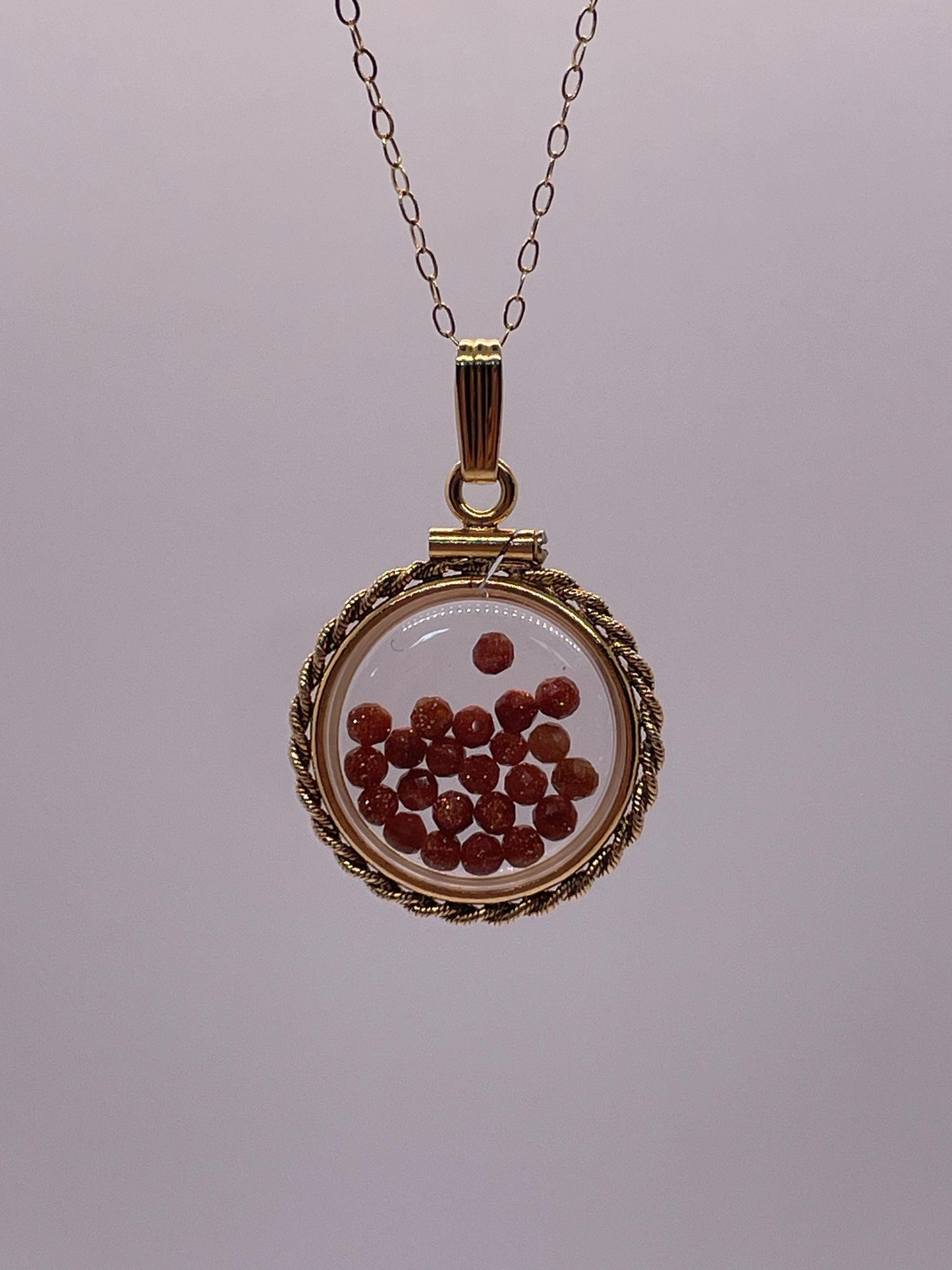 Hand Made 21 mm Nickel Size 14k Gold Filled Lucite Genuine Golden Sandstone Shaker Locket with ROPE EDGE and Beautiful Bead Crystals.