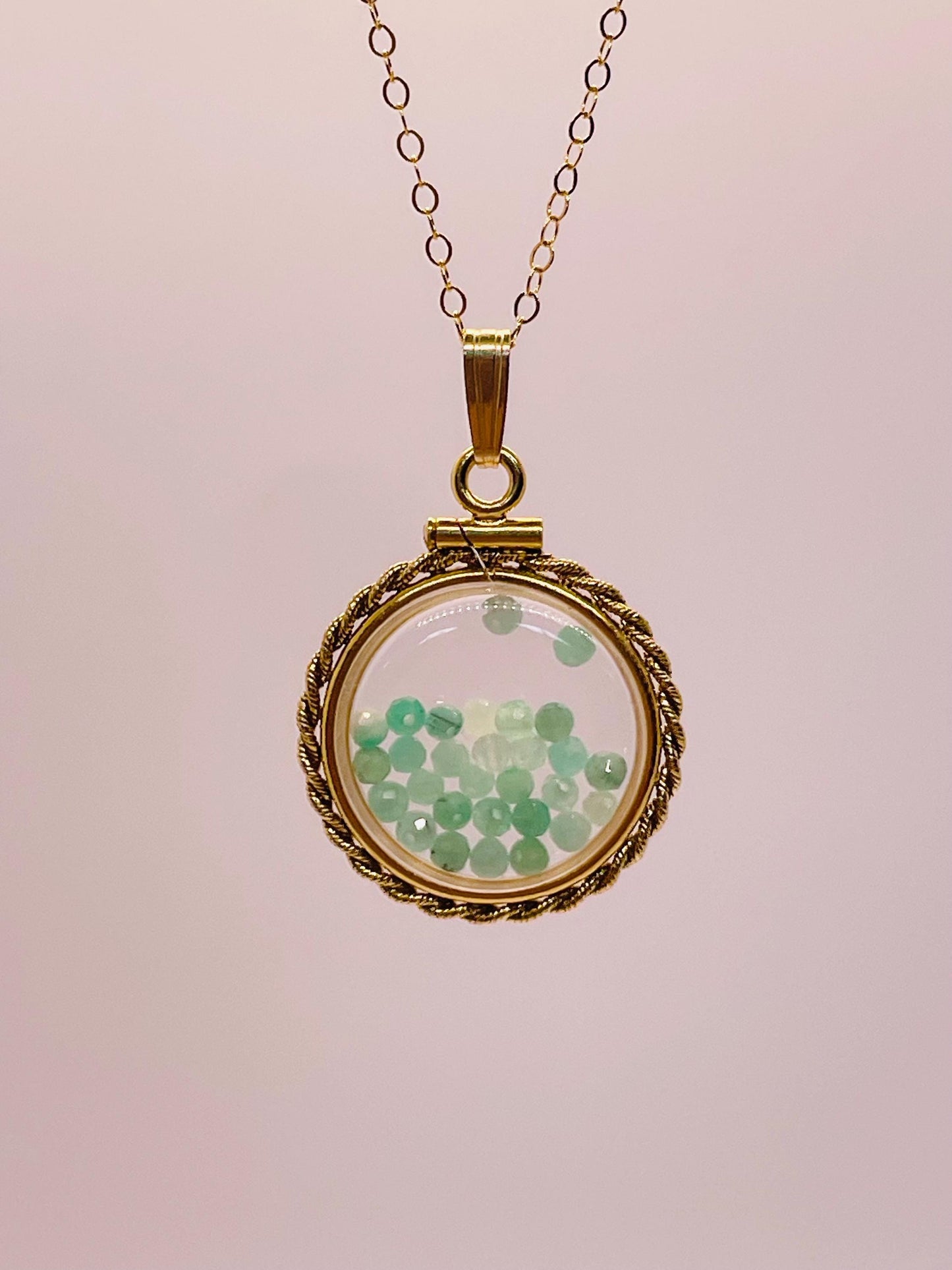 Hand Made 21 mm Nickel Size 14k Gold Filled Lucite Genuine Emerald Shaker Locket With ROPE EDGE and Beautiful Bead Crystals.