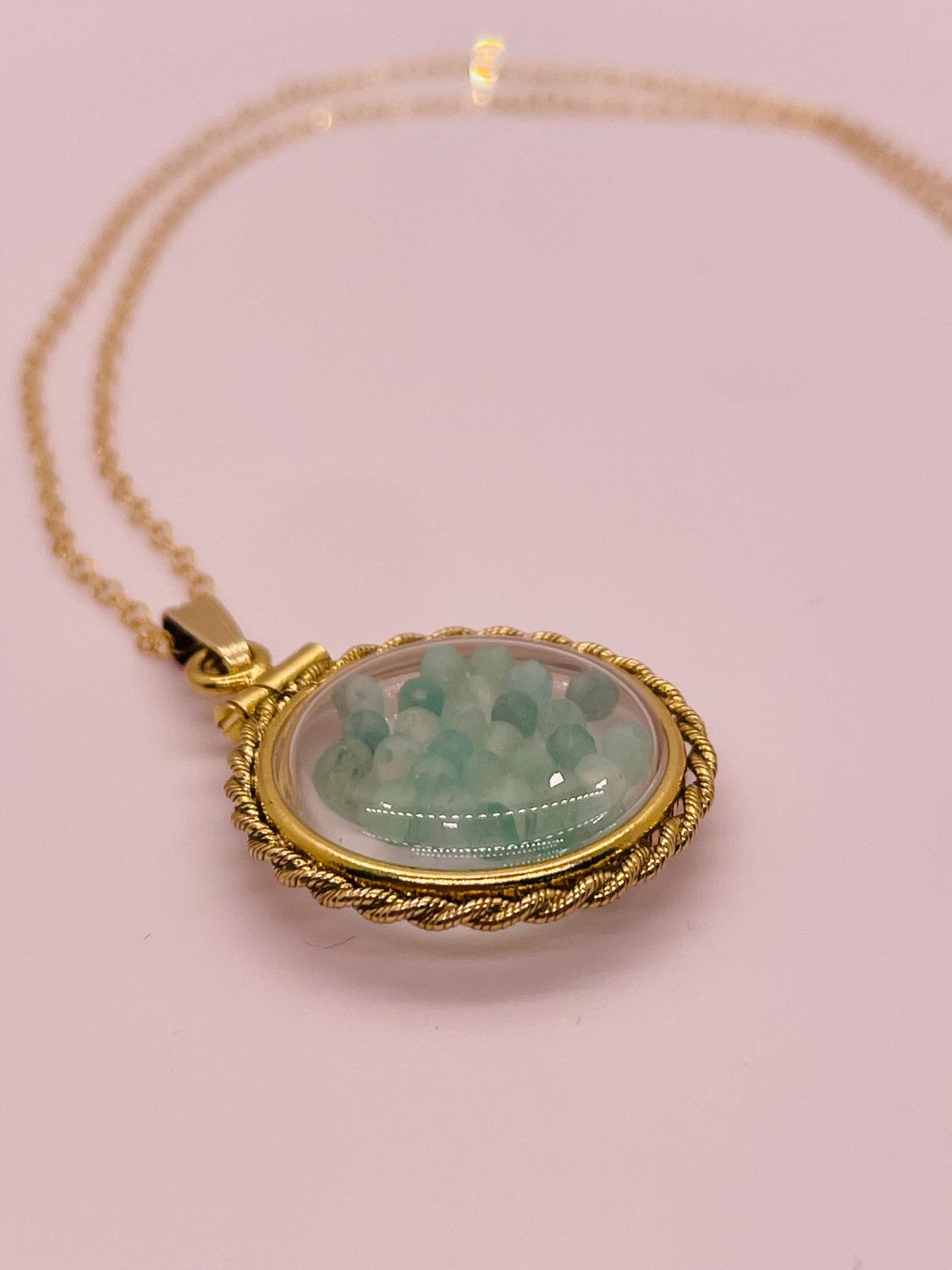 Hand Made 21 mm Nickel Size 14k Gold Filled Lucite Genuine Emerald Shaker Locket With ROPE EDGE and Beautiful Bead Crystals.