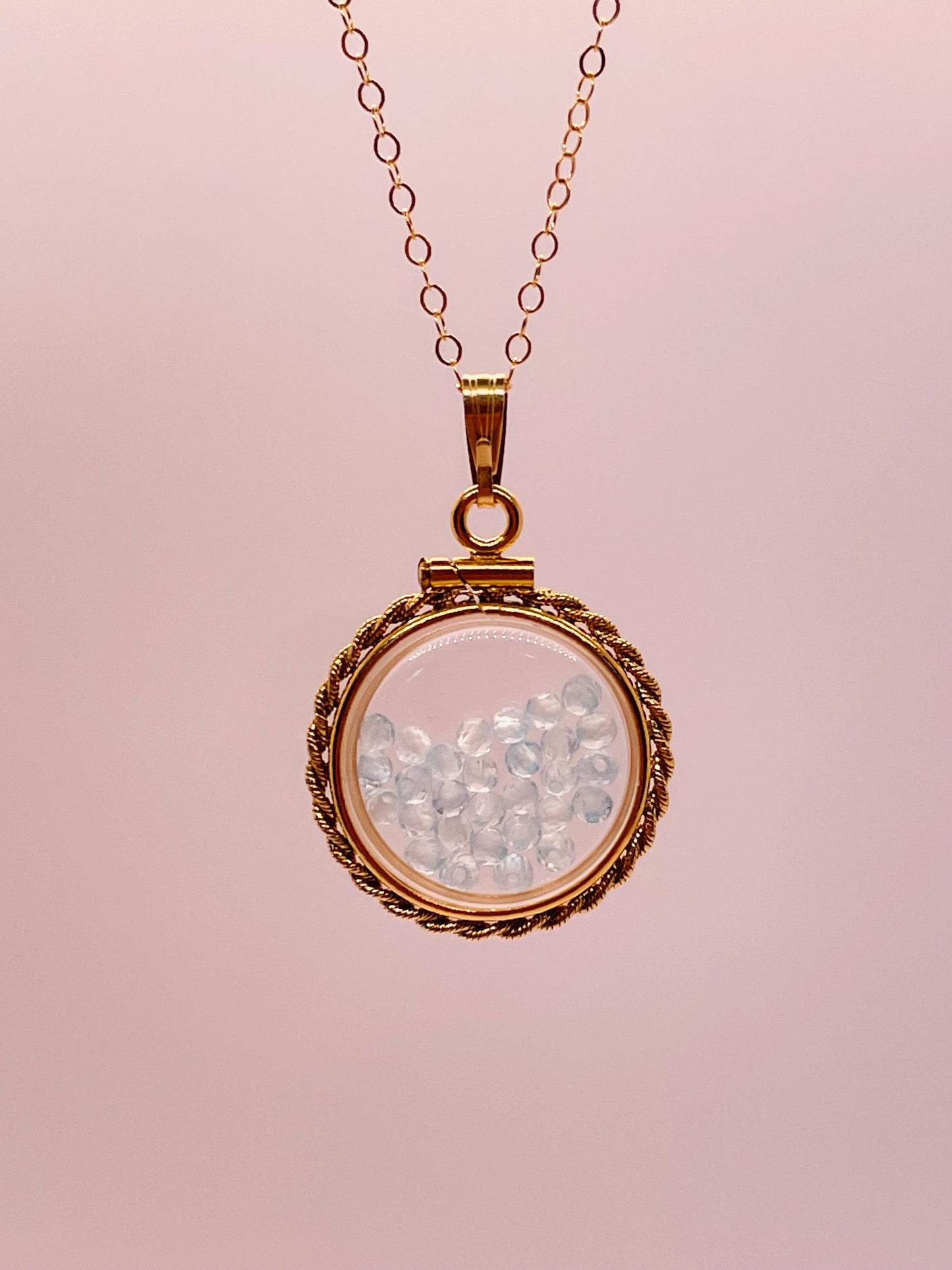 Hand Made 21 mm Nickel Size 14k Gold Filled Lucite genuine Blue Topaz Shaker Locket with ROPE EDGE and Beautiful Bead Crystals
