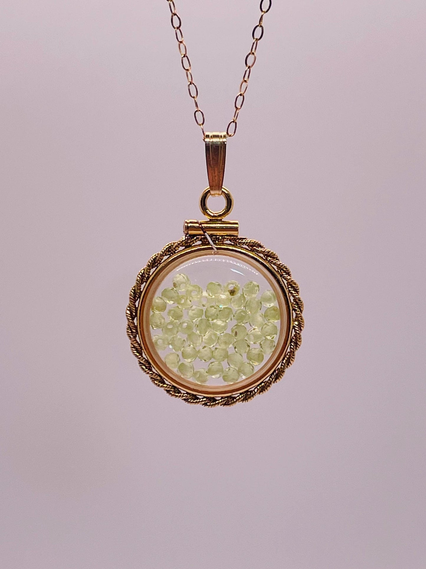 Hand Made 21 mm Nickel Size 14k Gold Filled Lucite Genuine Peridot Shaker Locket with ROPE EDGE and Beautiful Bead Crystals.