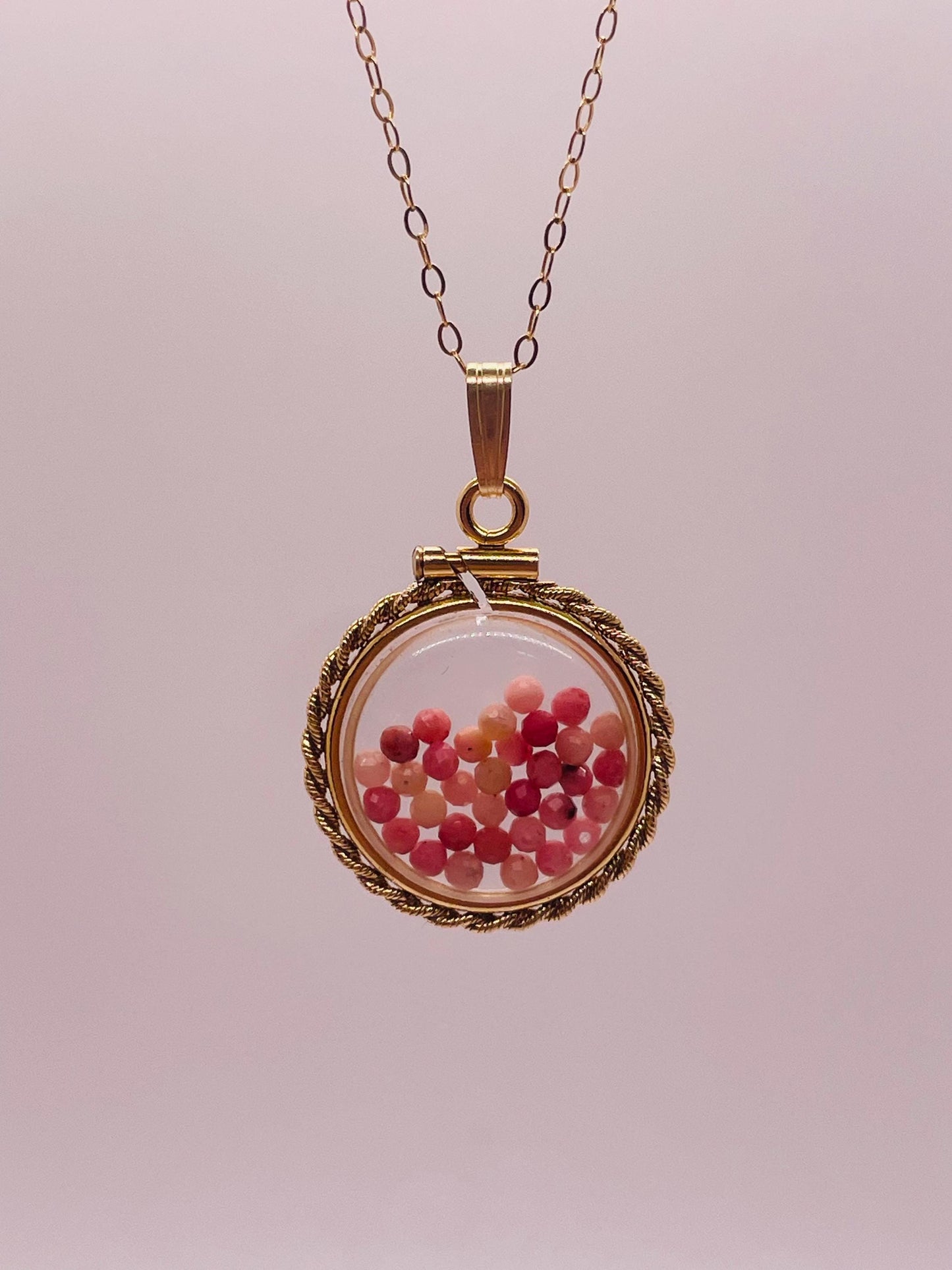 Hand Made 21 mm Nickel Size 14k Gold Filled Lucite Genuine Rhodonite Shaker Locket with ROPE EDGE and Beautiful Bead Crystals.