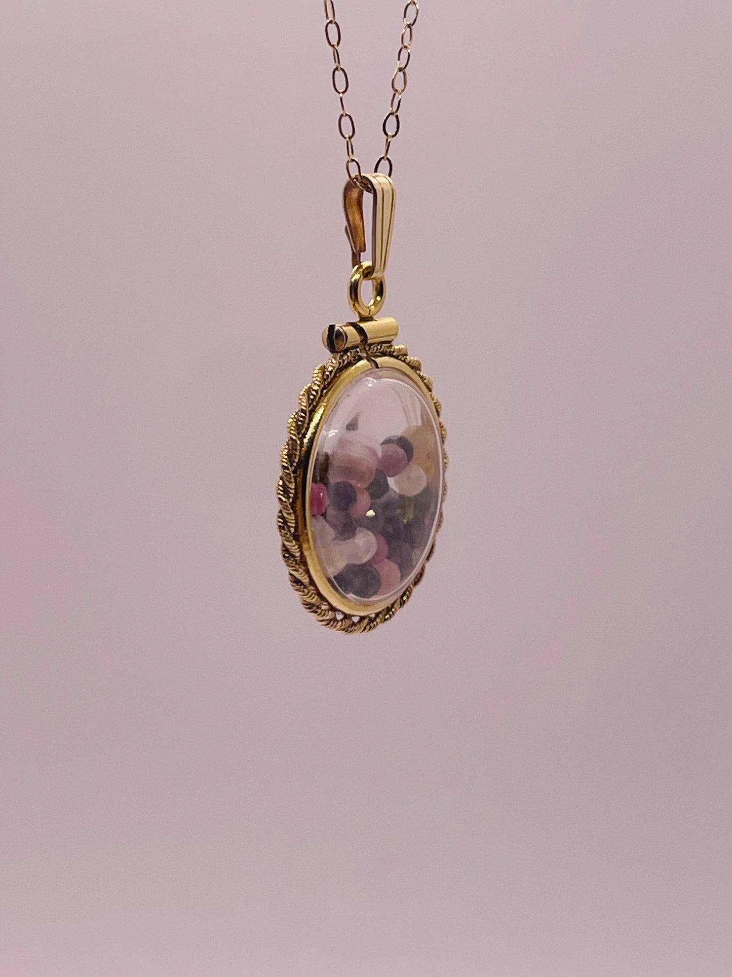 Hand Made 21 mm Nickel Size 14k Gold Filled Lucite Genuine Multi Tourmaline Shaker Locket with ROPE EDGE and Beautiful Bead Crystals.