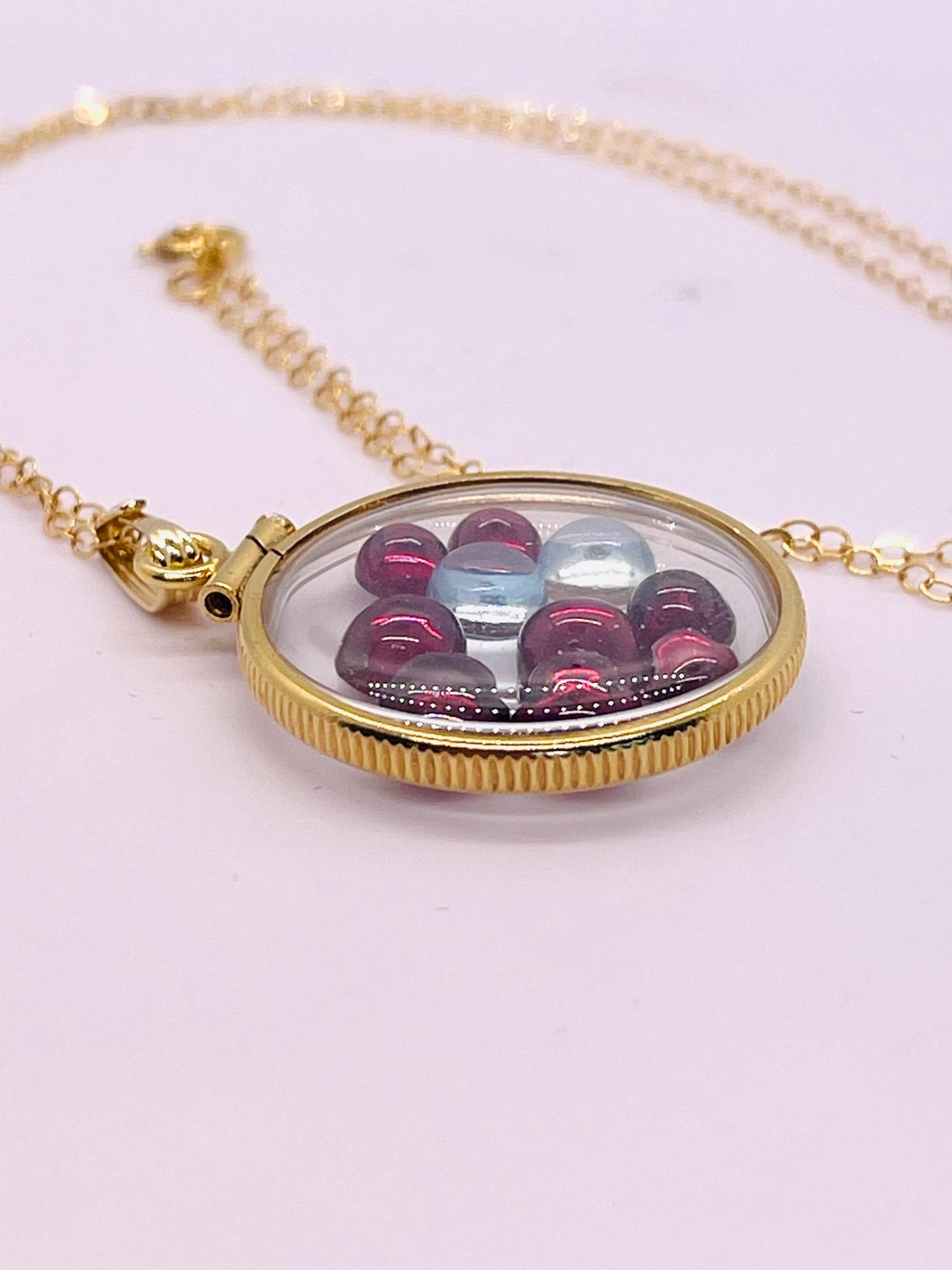 14k Solid Gold 22 mm Handmade Shaker Locket Filled With Garnet And White Topaz