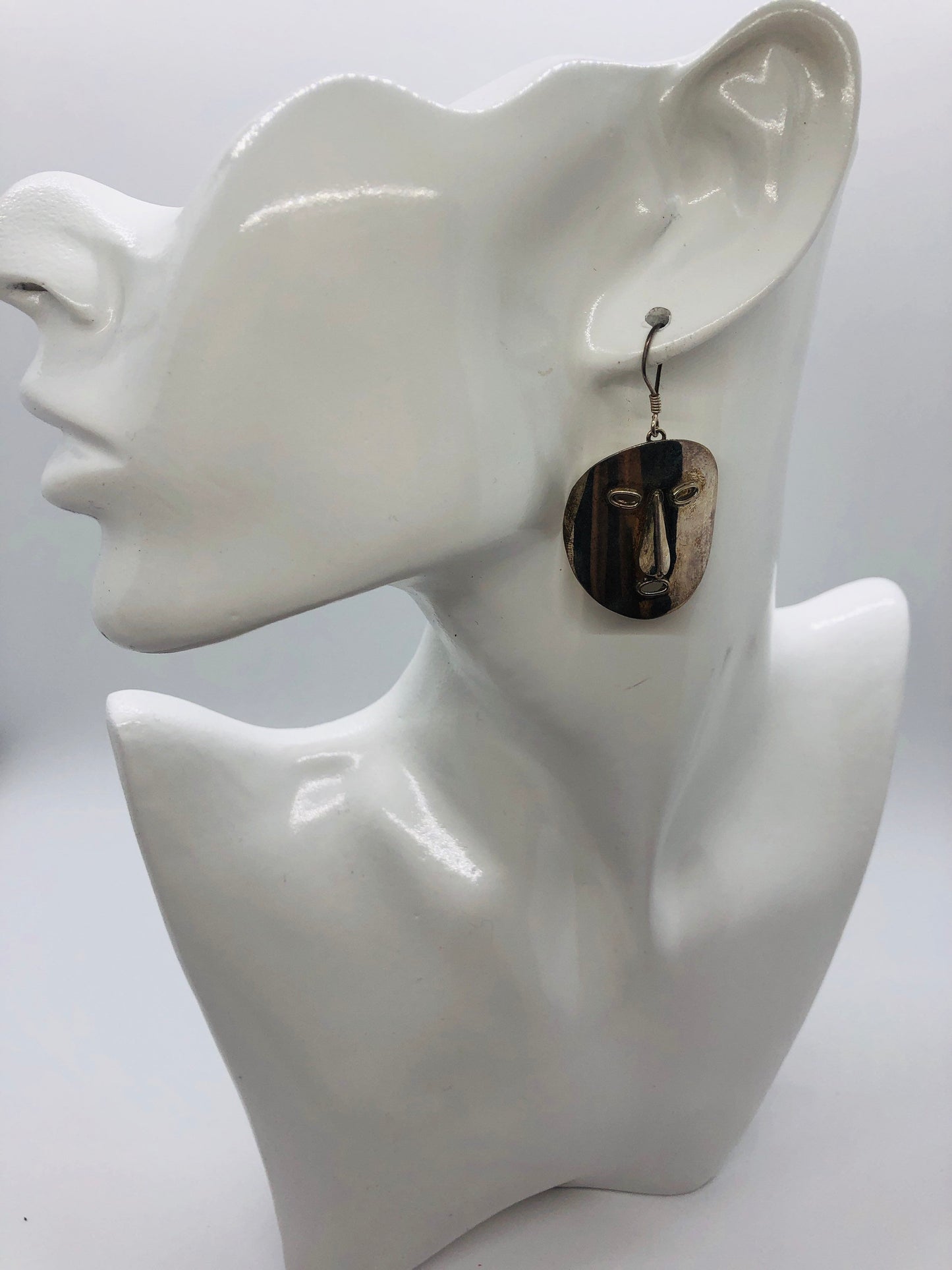Large Handmade Sterling Dangle Earrings Indonesia, Vintage old stock, Unique masks