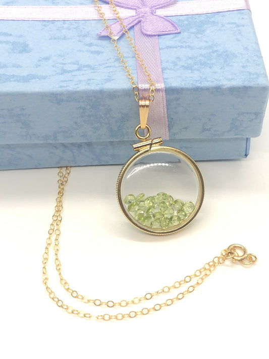 Handmade Peridot Shaker Locket 14k gold filled or Silver with beautiful August Birthstone, 2.0 TCW