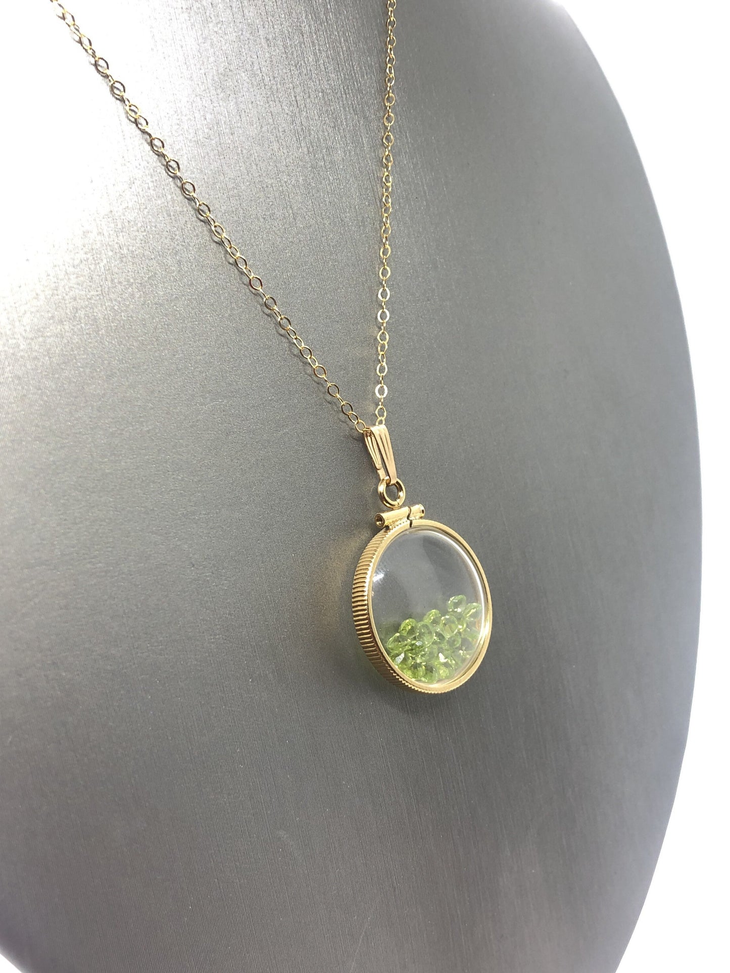Handmade Peridot Shaker Locket 14k gold filled or Silver with beautiful August Birthstone, 2.0 TCW