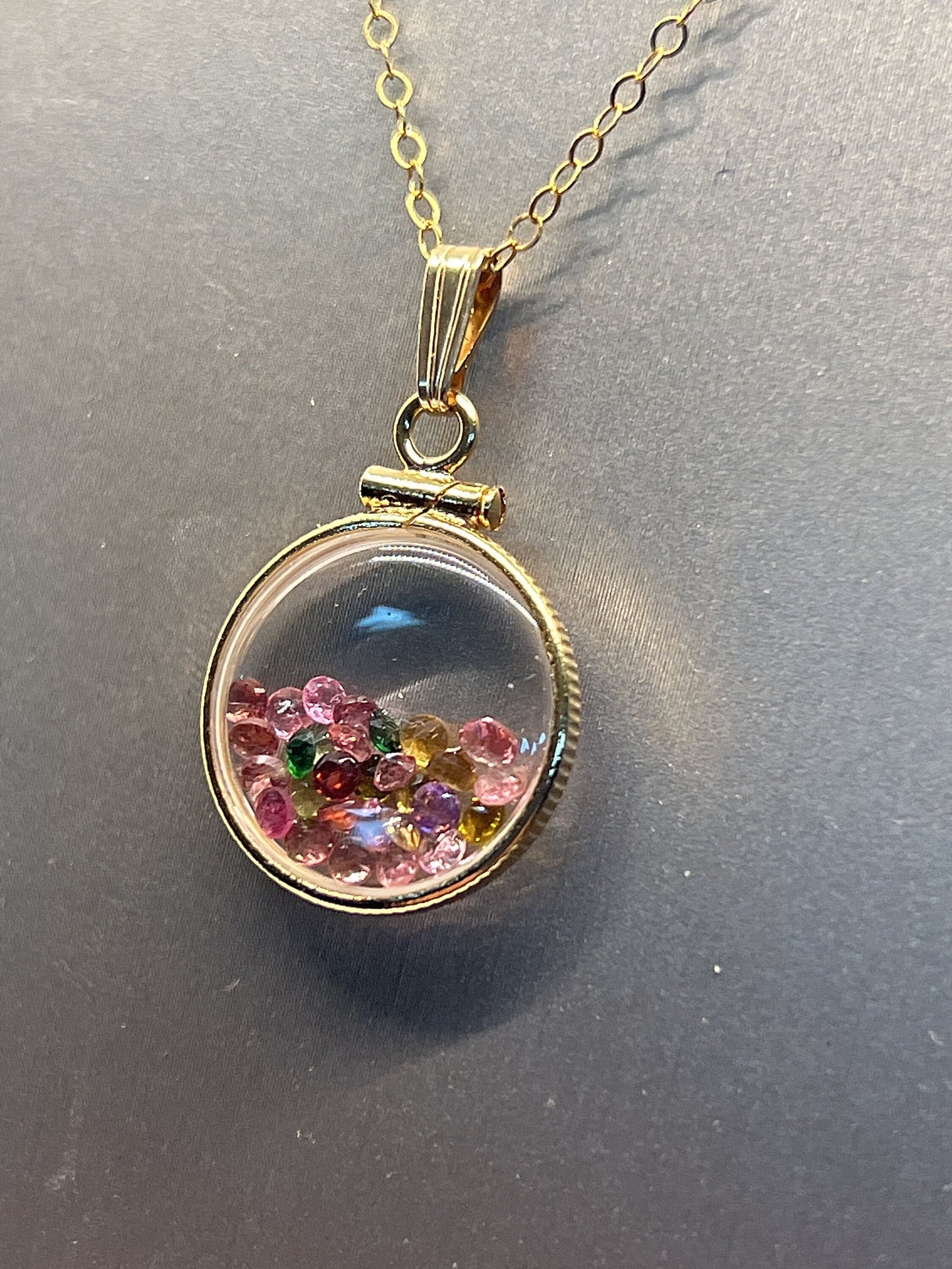 14k Solid Gold Handmade Dime-size Tourmaline Shaker Locket  Lucite View Locket, Necklace,Beautiful October Birthstone.