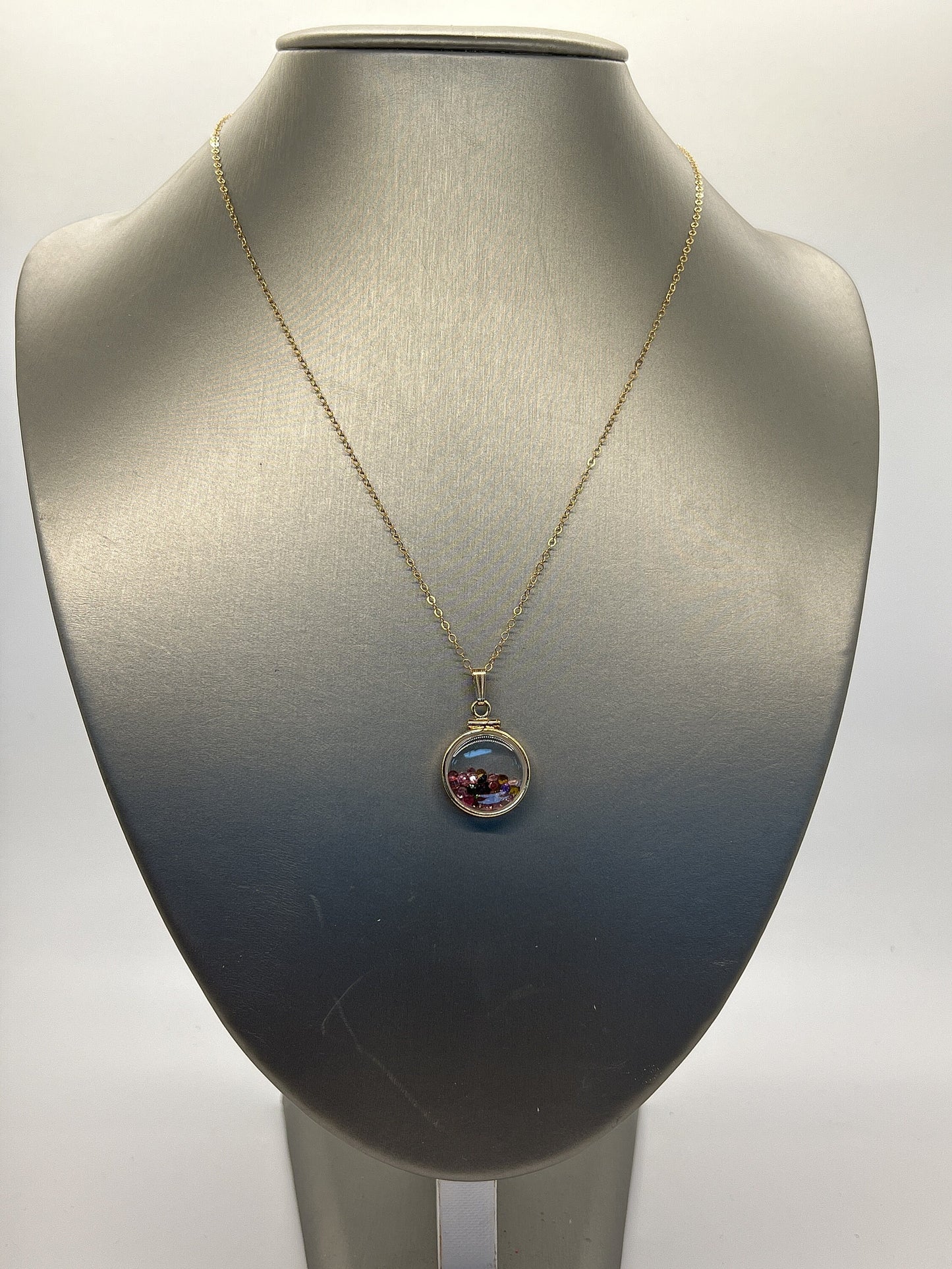 14k Solid Gold Handmade Dime-size Tourmaline Shaker Locket  Lucite View Locket, Necklace,Beautiful October Birthstone.