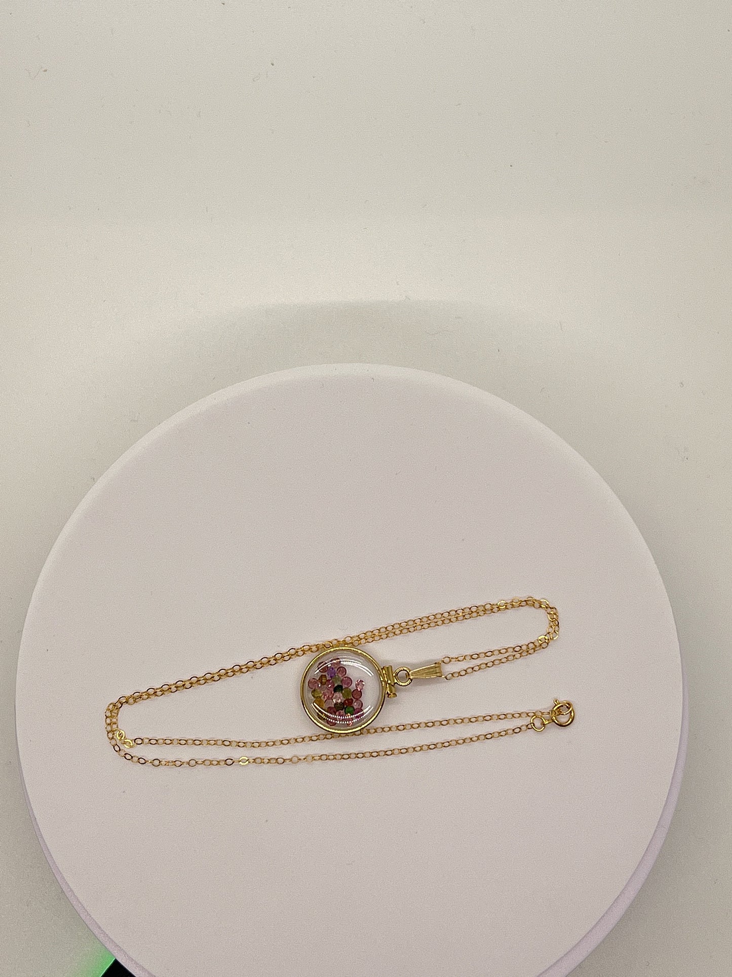 14k Solid Gold Handmade Dime-size Tourmaline Shaker Locket  Lucite View Locket, Necklace,Beautiful October Birthstone.