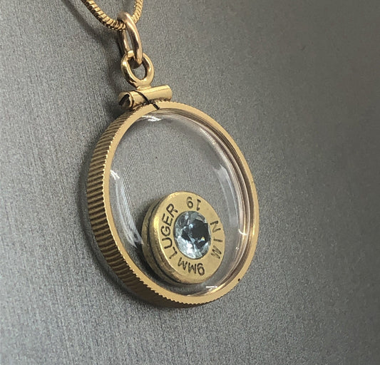 Handmade 9mm bullet w/Aquamarine or tourmaline ,  back to back view locket, 14k gold filled locket-new with floating faceted gem.