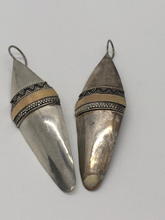Vintage Hand made Indonesian Sterling Silver with Gold Wash Earrings, Large, new old stock, shields