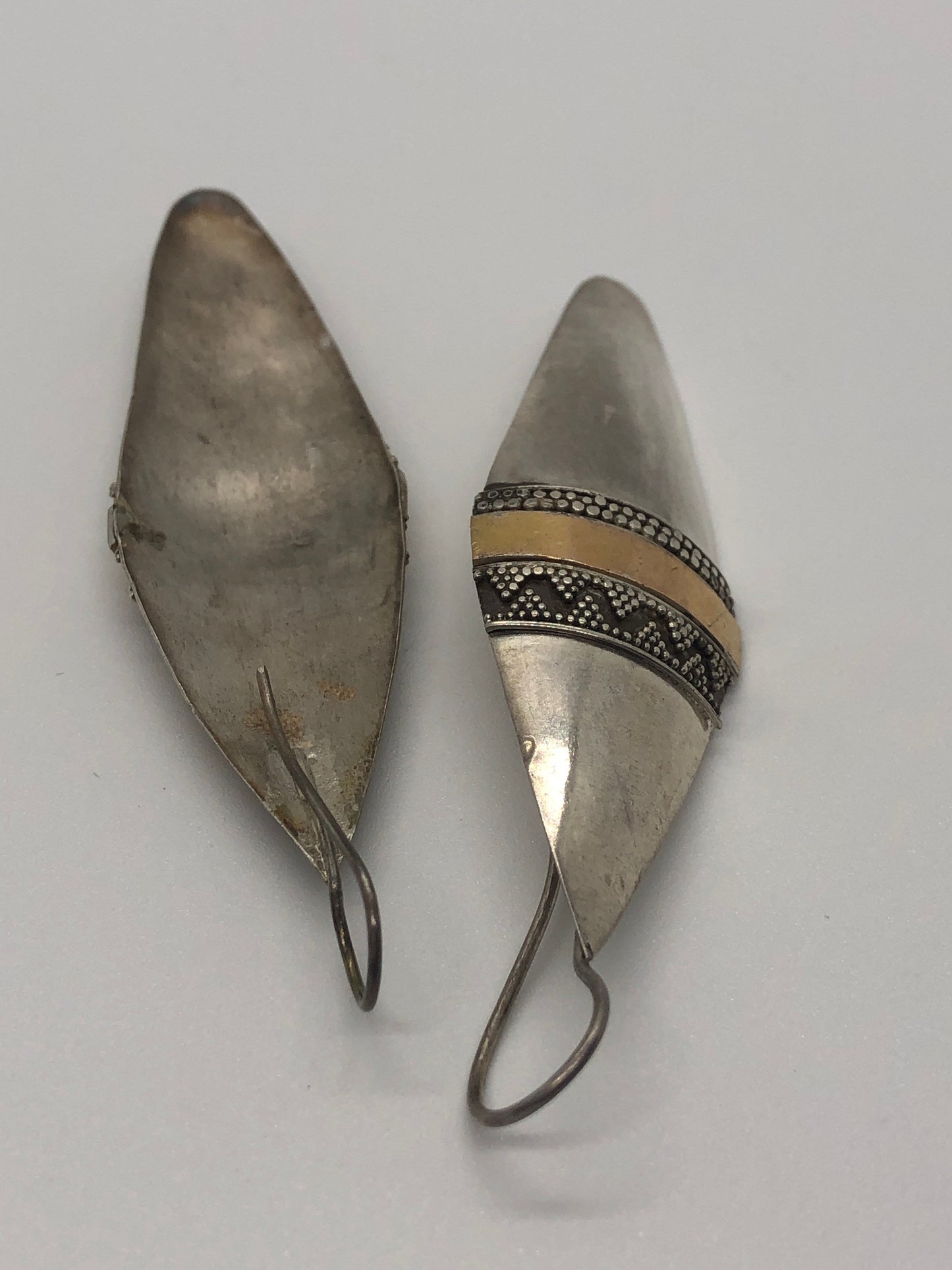 Vintage Hand made Indonesian Sterling Silver with Gold Wash Earrings, Large, new old stock, shields