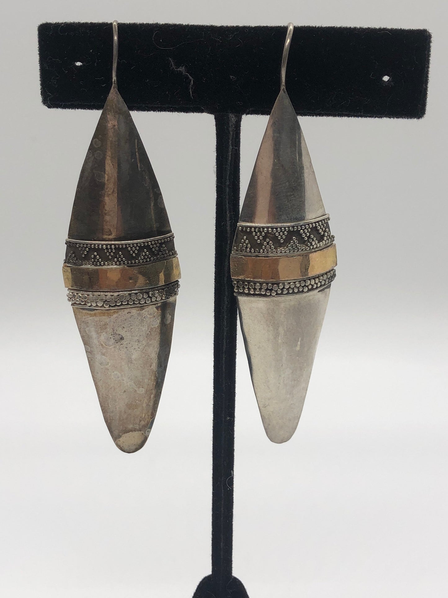 Vintage Hand made Indonesian Sterling Silver with Gold Wash Earrings, Large, new old stock, shields