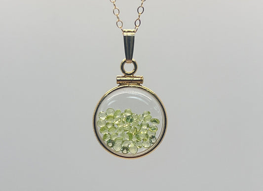 14k Solid Gold Handmade Dime size Peridot shaker locket, 1.75 TCW, August birthstone.