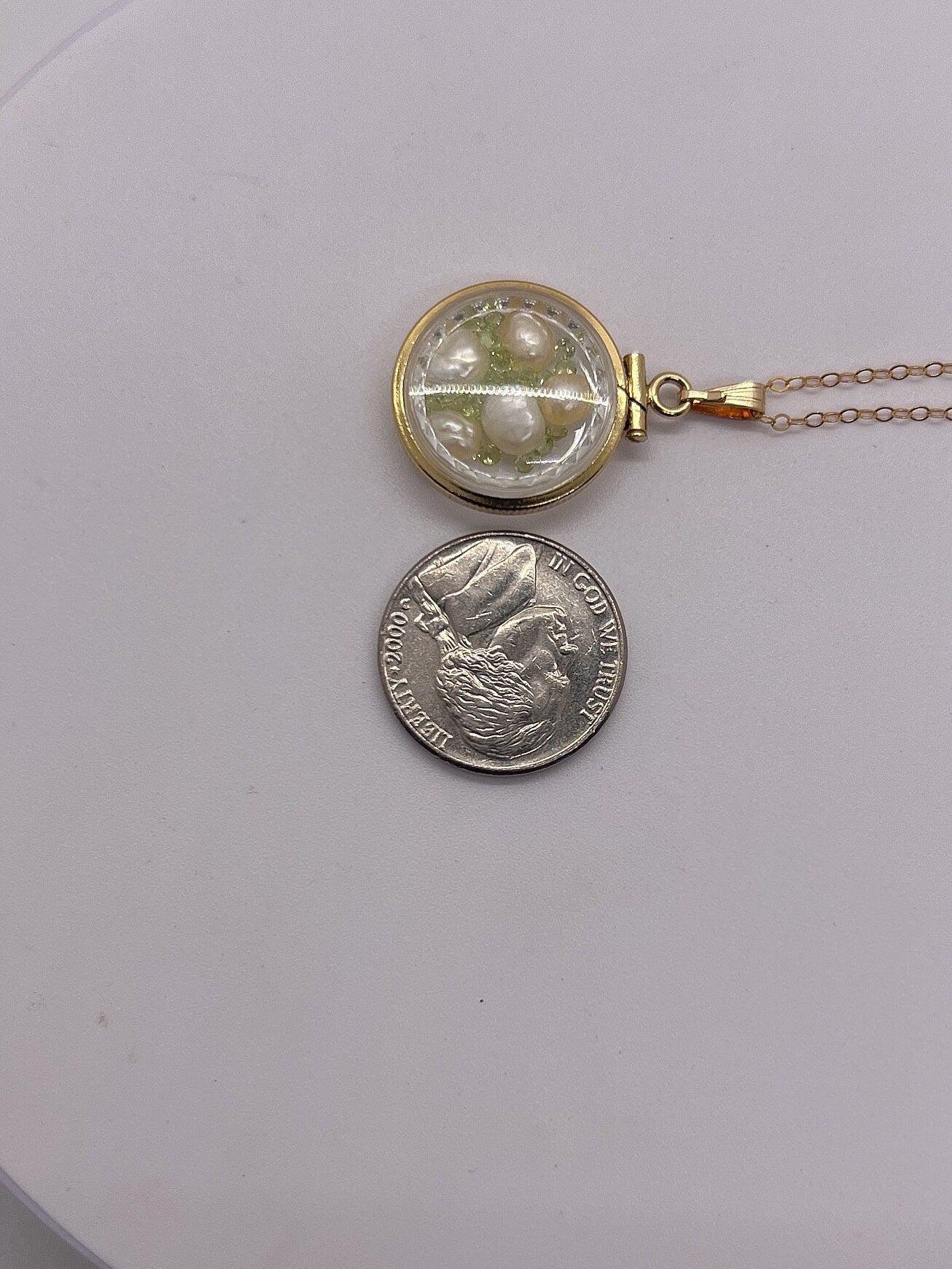 Reversible Lucite Diamond Edge Handmade 14k gold filled Pearl and Peridot Shaker  Locket Nickel size. Audrey design.