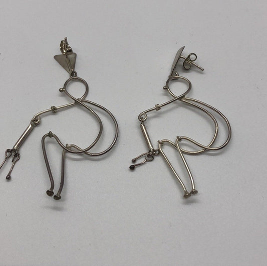 Large Vintage Handmade Sterling Silver Earrings Indonesia, Vintage old stock, human walking with cane
