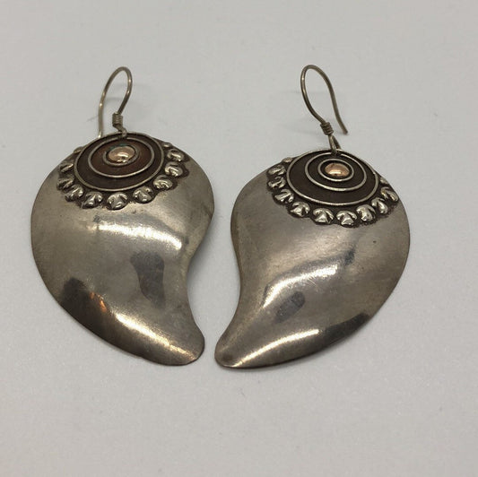 Vintage Hand made Indonesian Sterling Silver with Gold Wash Earrings, Large, new old stock, shields